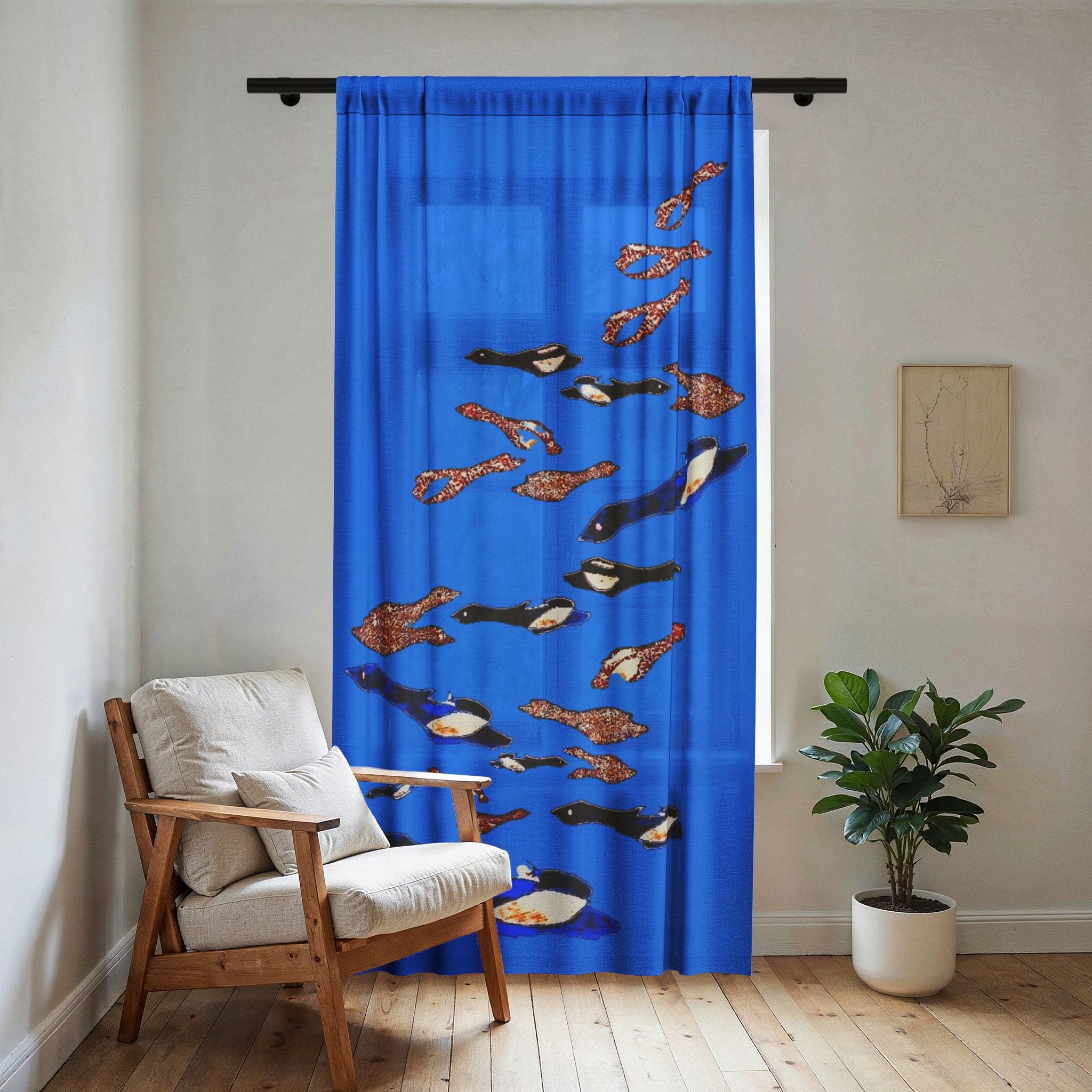 "Fly Me to the Moon" Sheer Curtain — Blue School of Fish Window Panel