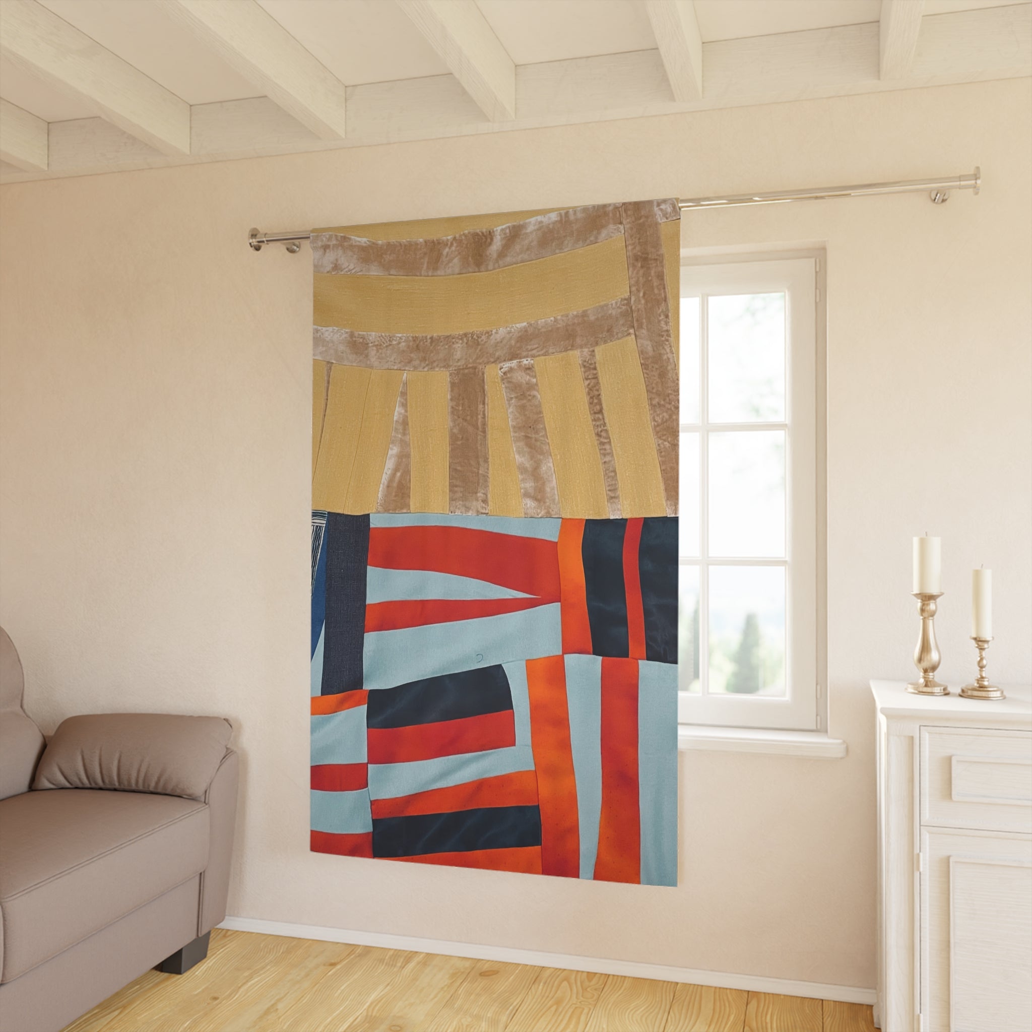 "Hannah and Samuel" Abstract Patchwork Window Curtain — Modern Geometric Panel with Warm Gold, Teal & Coral