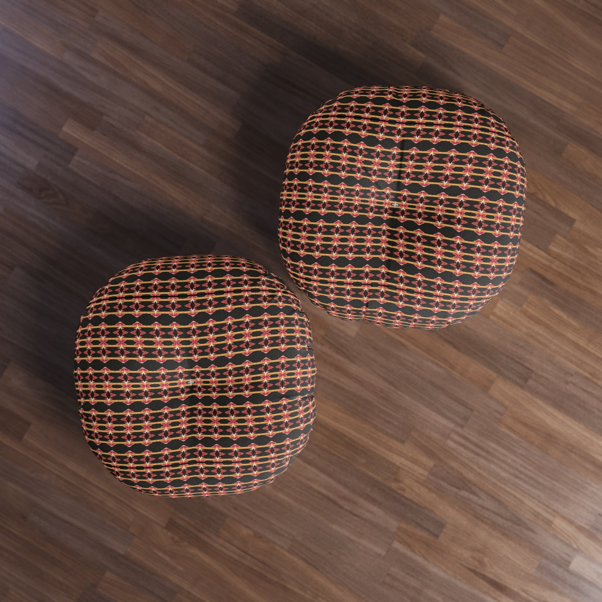 "Native America Now" Round Tufted Floor Pillow — Boho Retro Geometric Pattern