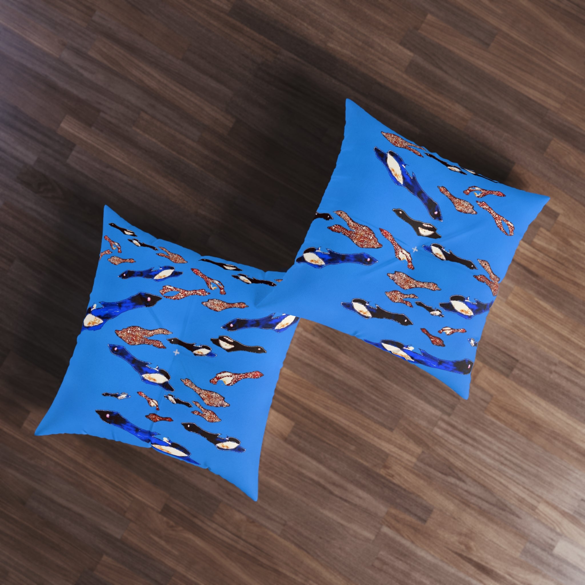 "Fly Me to the Moon" Blue Cerulean Birdies Square Floor Pillow — Tufted Decorative Cushion