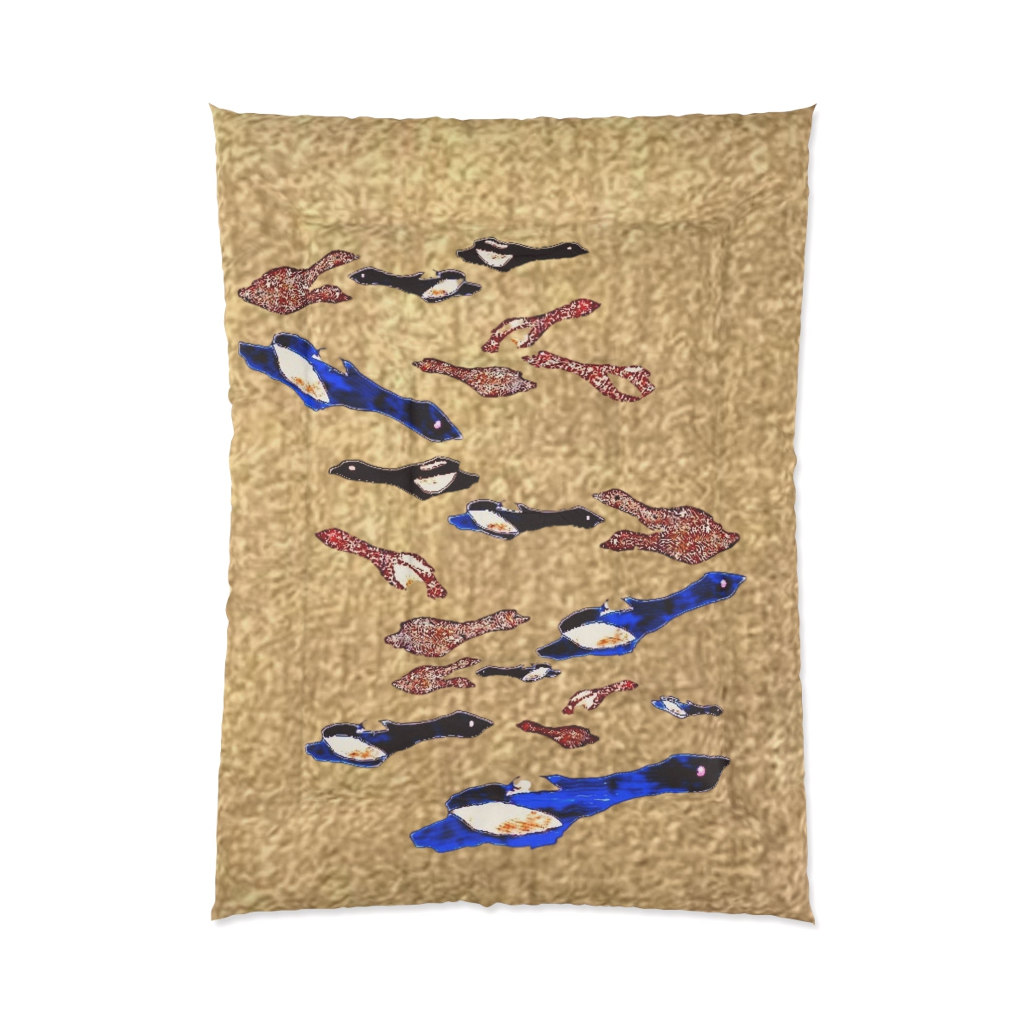 "Fly Me to the Moon" Bird Comforter – Beige Asian-Inspired Bedspread with Blue & Red Carp Pattern