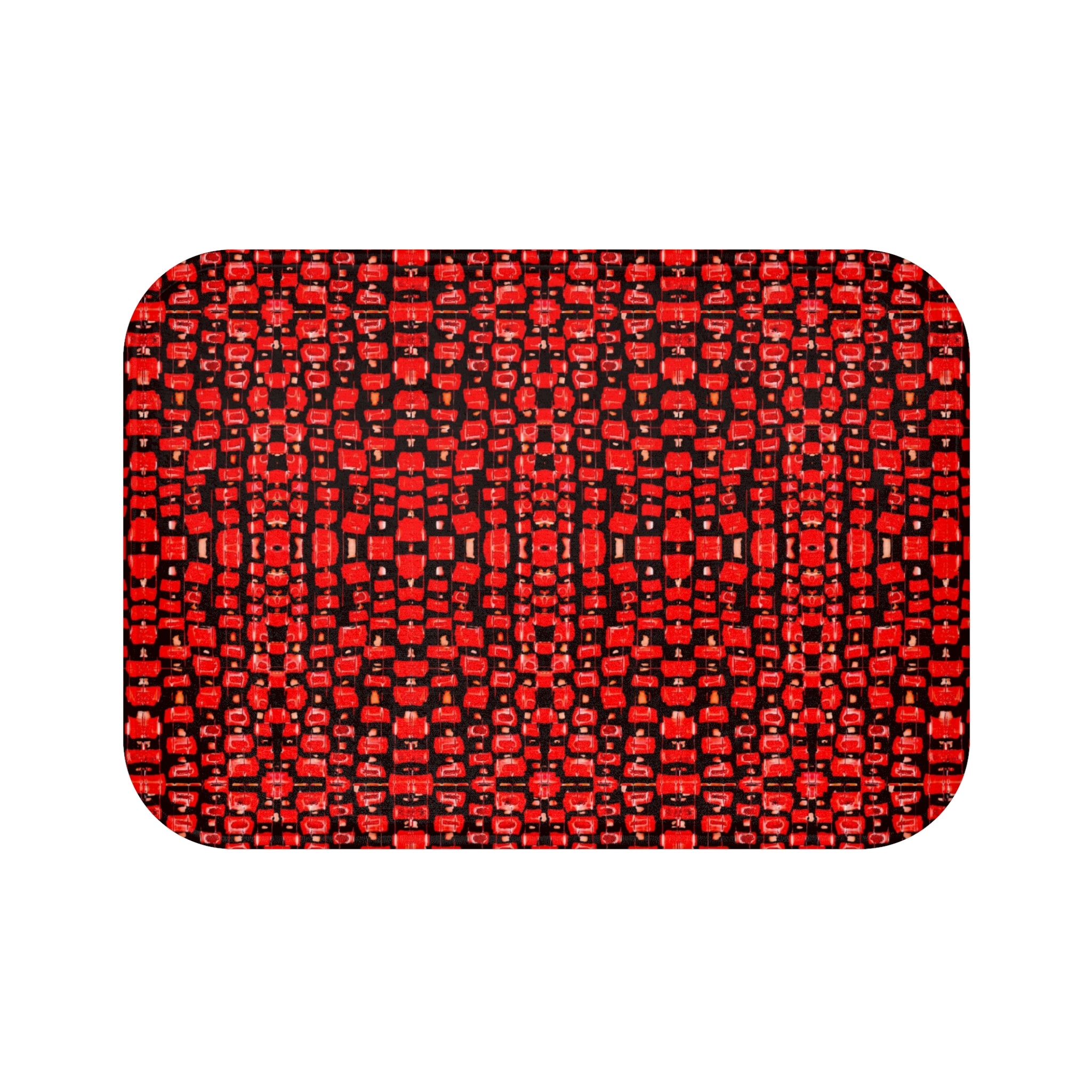 "Japanese Cherry Blossom" Red Mosaic Bath Mat — Modern Geometric Non-Slip Bathroom Rug