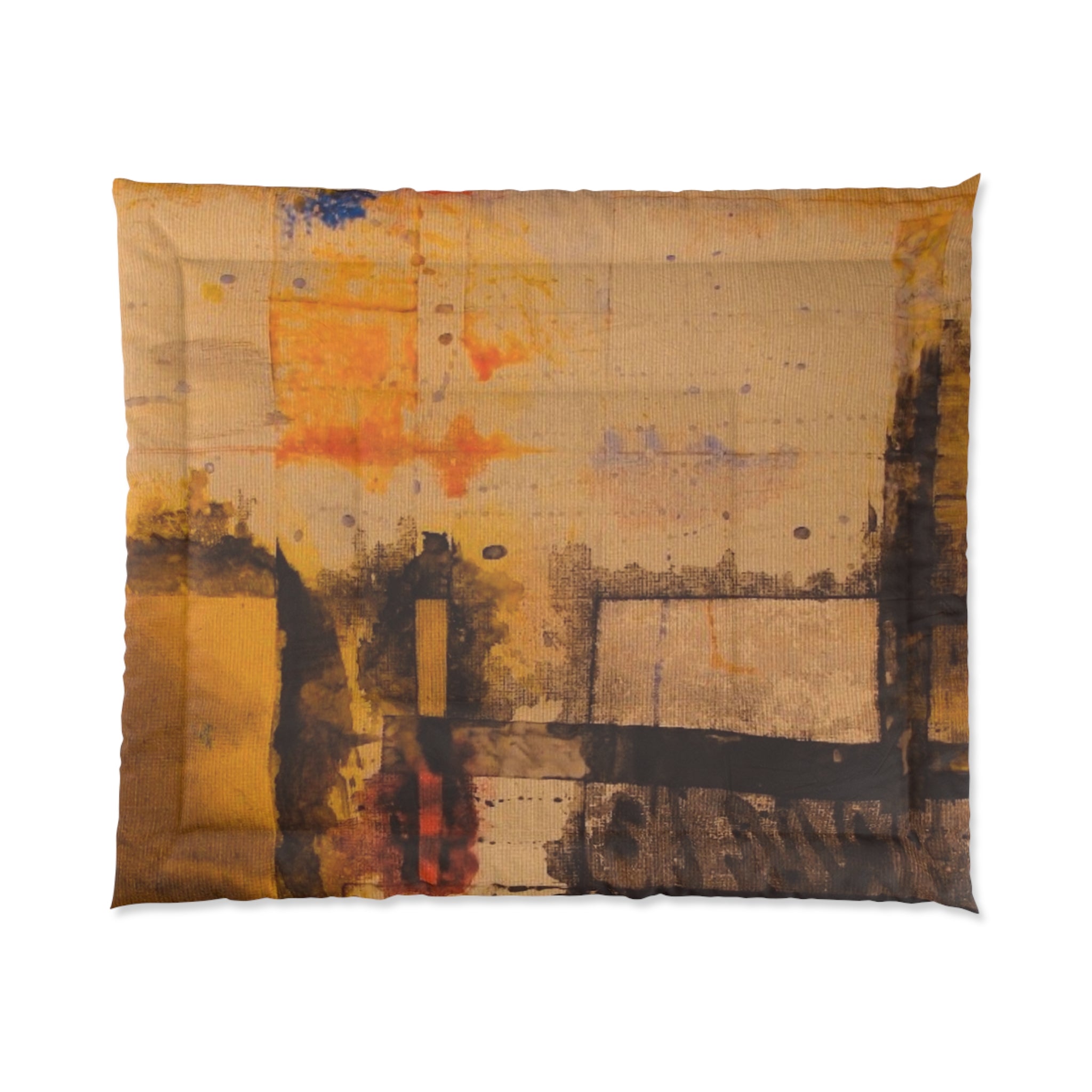 "Dance in the Rain" Abstract Ochre Art Comforter – Warm Yellow Modern Bedding