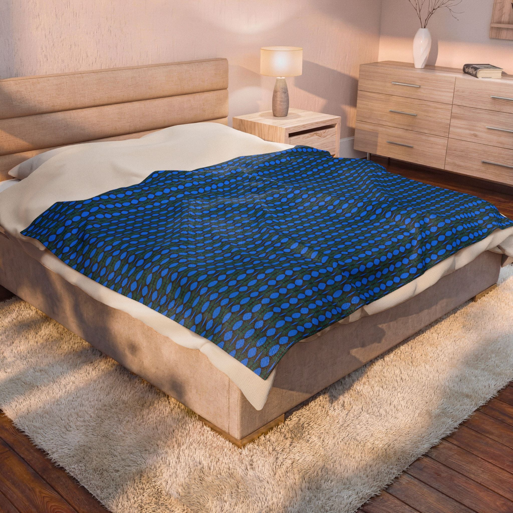 "Where Are We Going?" Blue Pixel Pattern Velveteen Plush Blanket — Soft Retro Geometric Throw