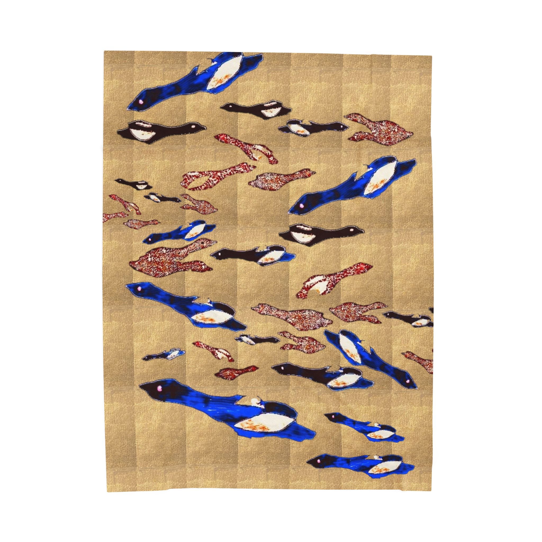 "Fly Me to the Moon" Velveteen Plush Blanket – Blue & Gold Fish School Design, Cozy Nautical Throw