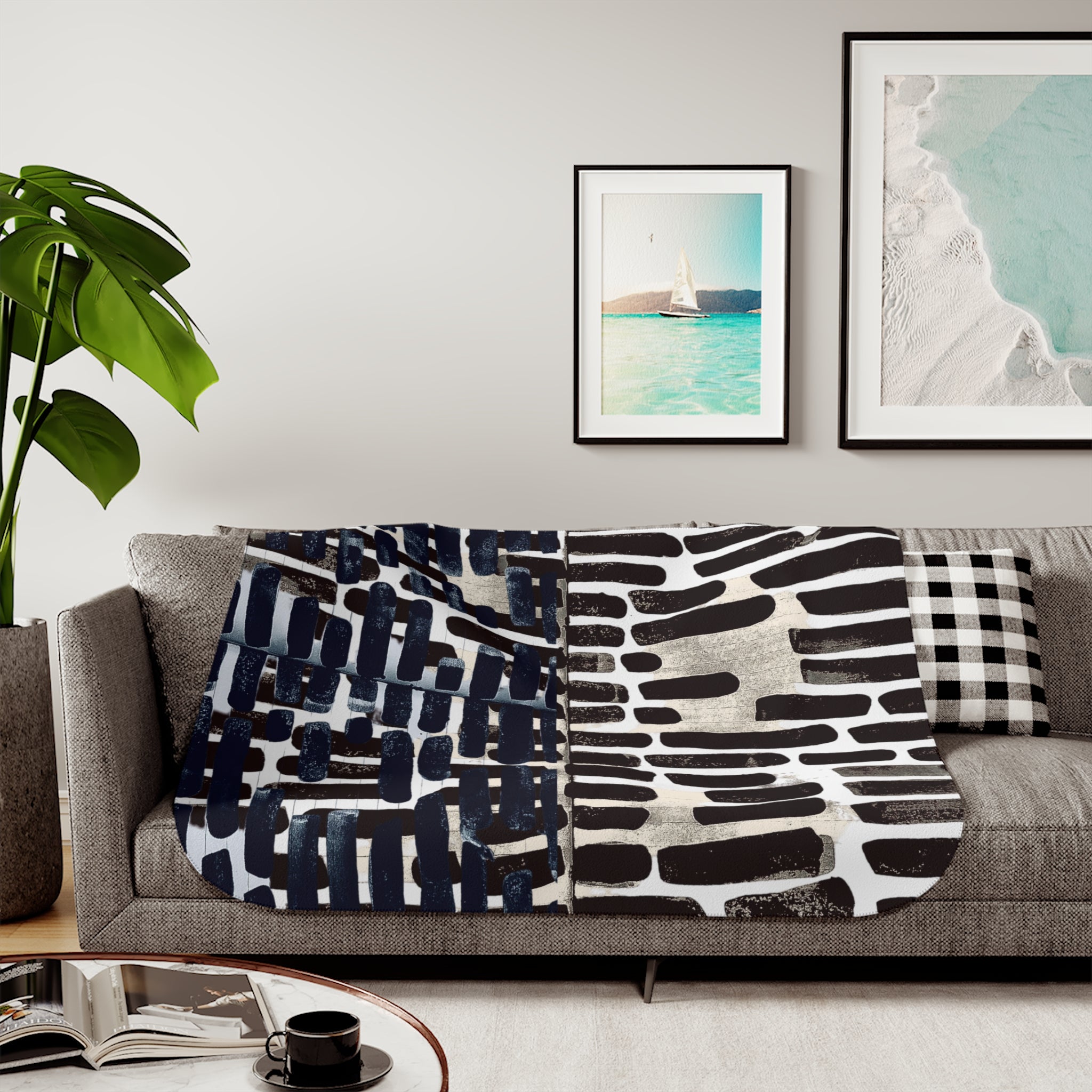 "Only My Notebook Knows How I Feel, My Heart Is On Every Page" Abstract Brushstroke Sherpa Blanket — Reversible Neutral Navy & Cream Cozy Throw