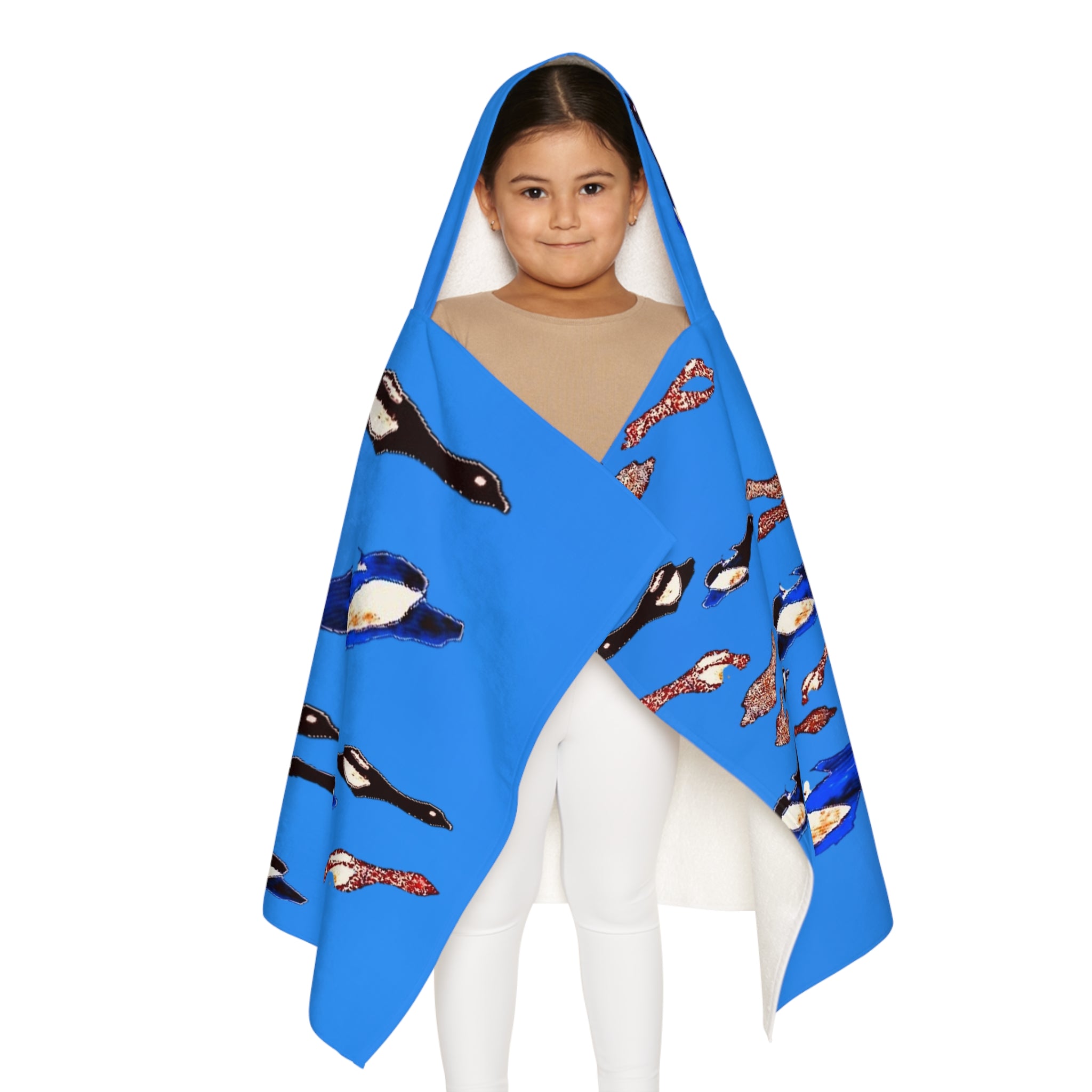 "Fly Me to the Moon" Youth Hooded Towel — Blue and Brown Birds Flying in Cerulean Skies Poncho for Kids
