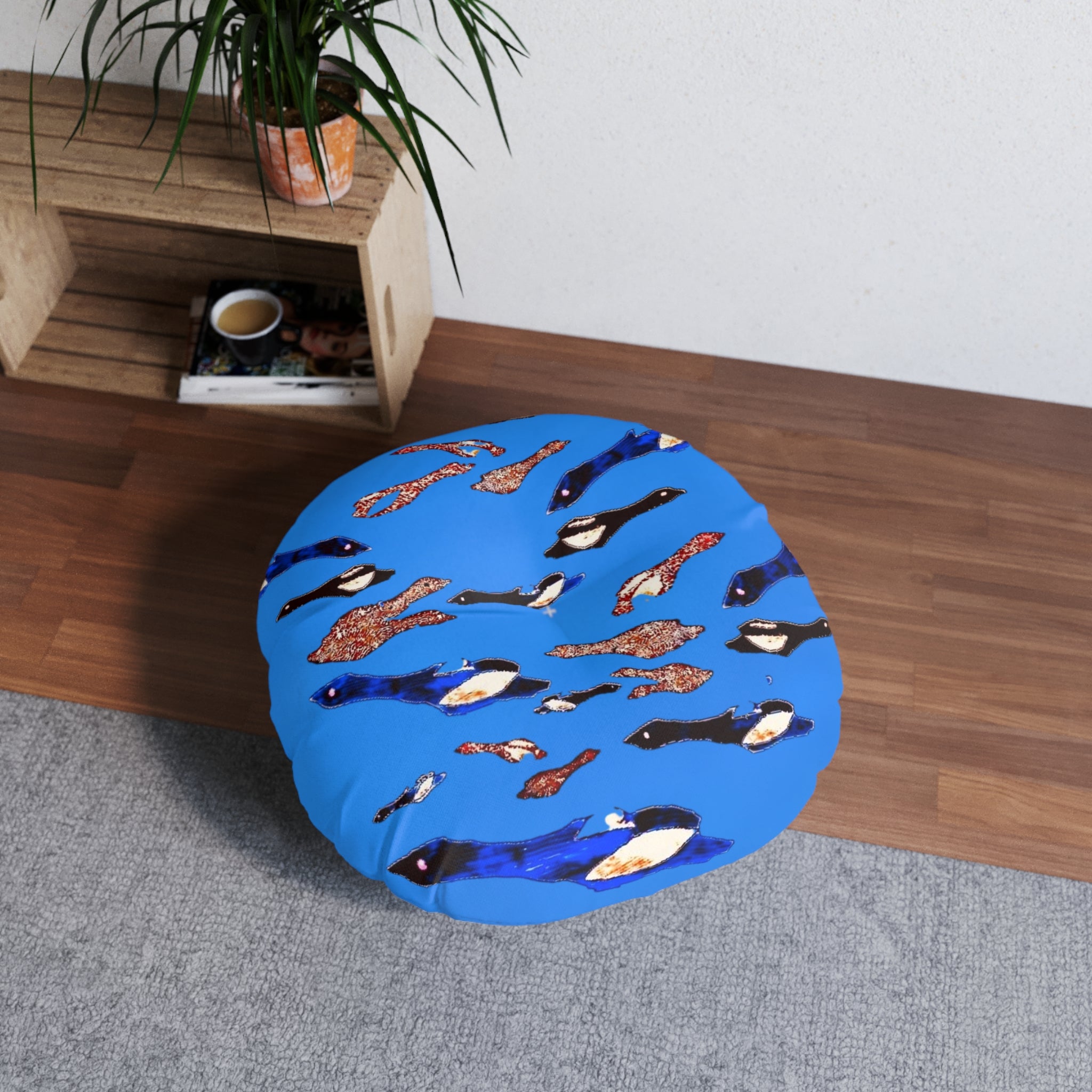 "Fly Me to the Moon" Cerulean Round Tufted Floor Pillow — Blue Birdies In The Sky Flying Pattern