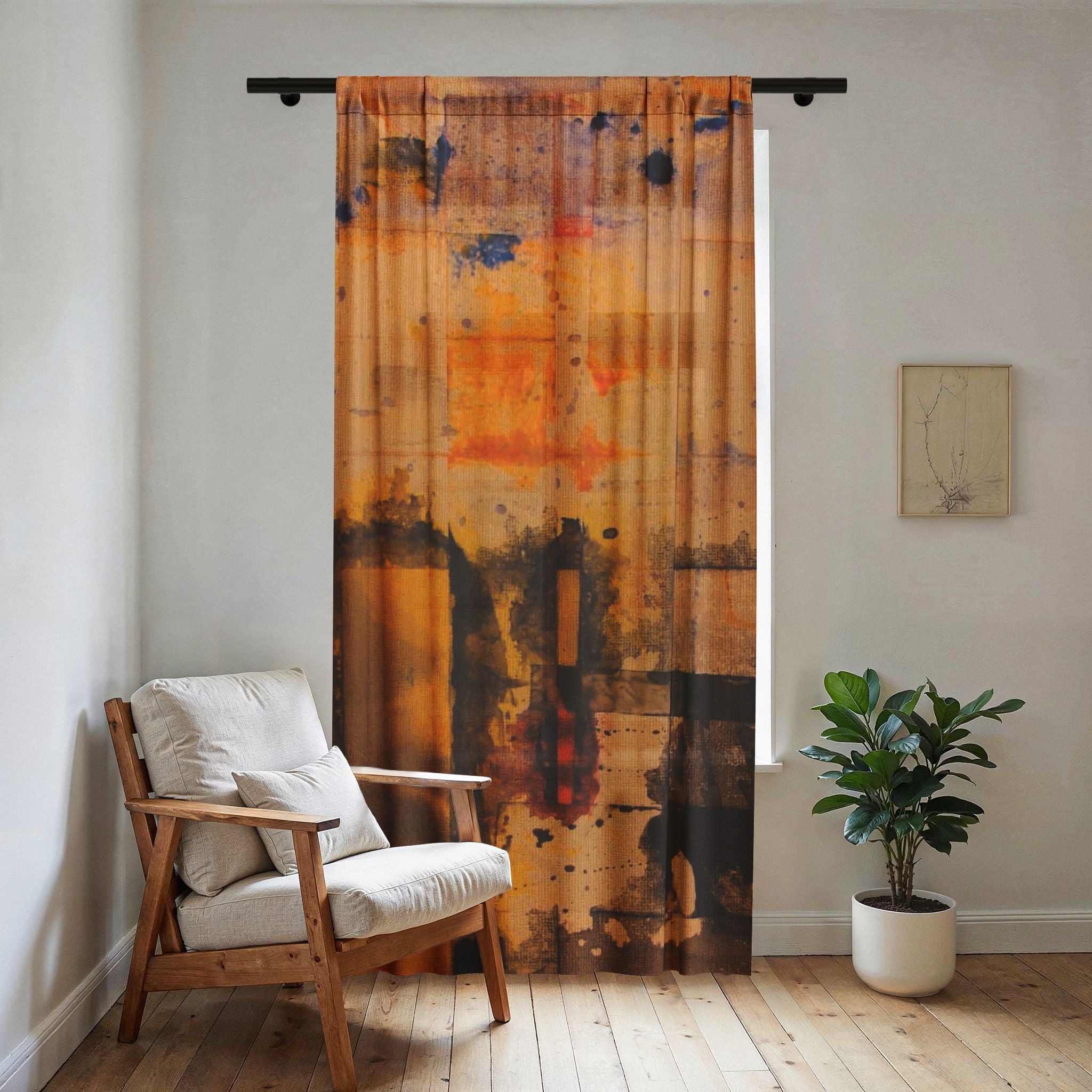 "Dance in the Rain" Sheer Curtain — Yellow, Red, and Black Design Abstract Warm Tones Window Drape