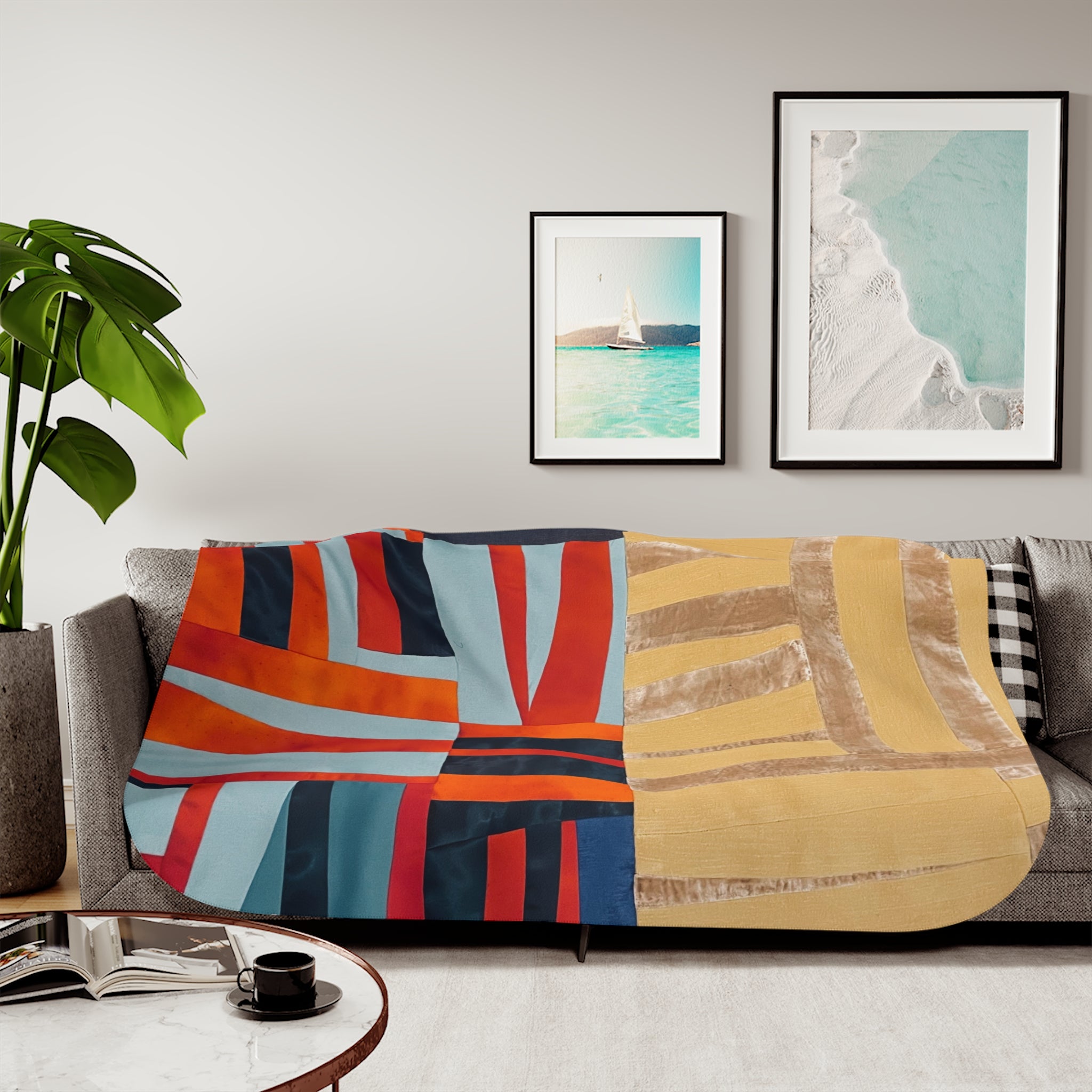"Hannah and Samuel" Abstract Patchwork Sherpa Blanket - Summer Yellow, Crushed Velvet, Blue, Red Orange— Cozy Reversible Throw with Geometric Color Blocks