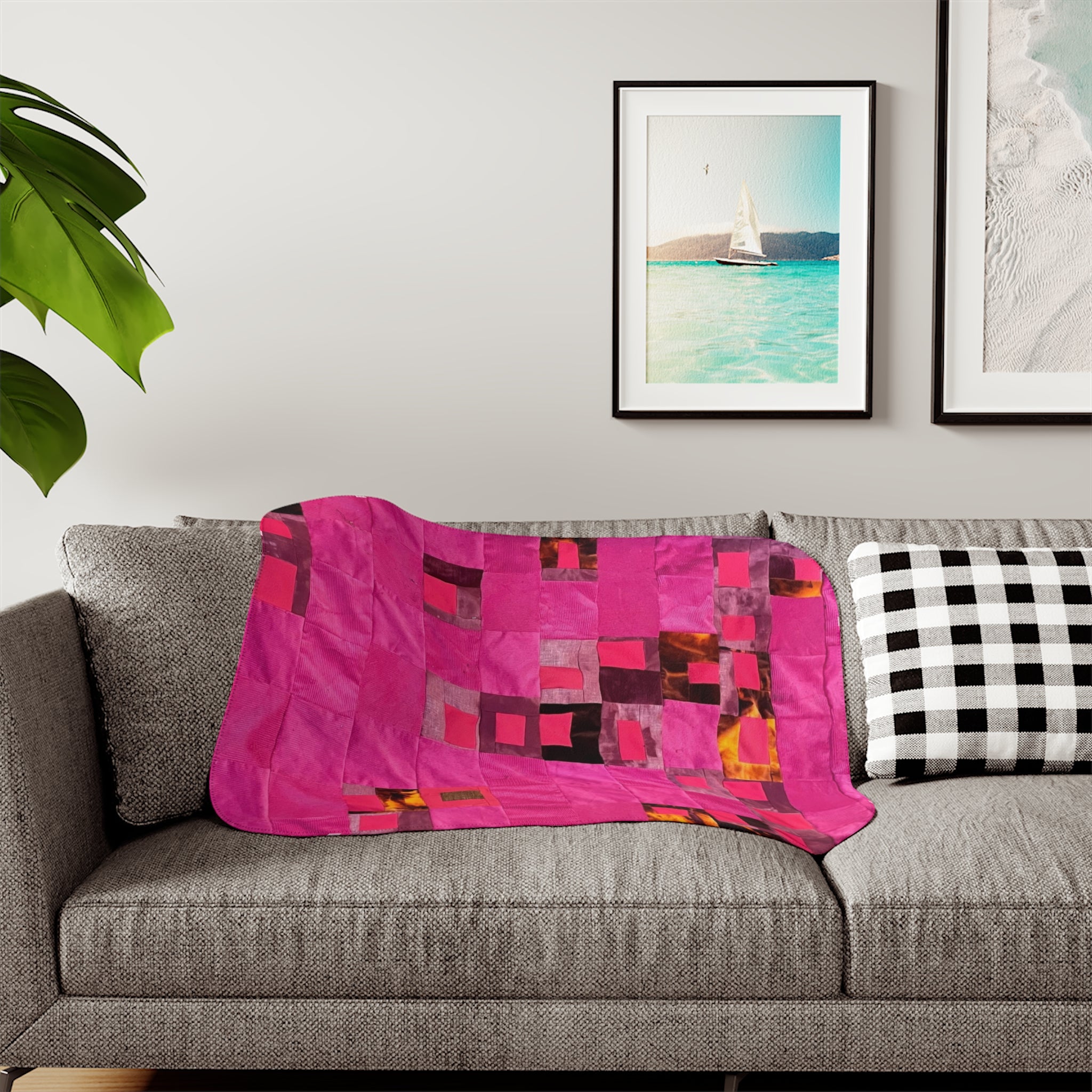 "Lela" Pink Geometric Sherpa Blanket — Cozy Fleece Throw with Abstract Patchwork