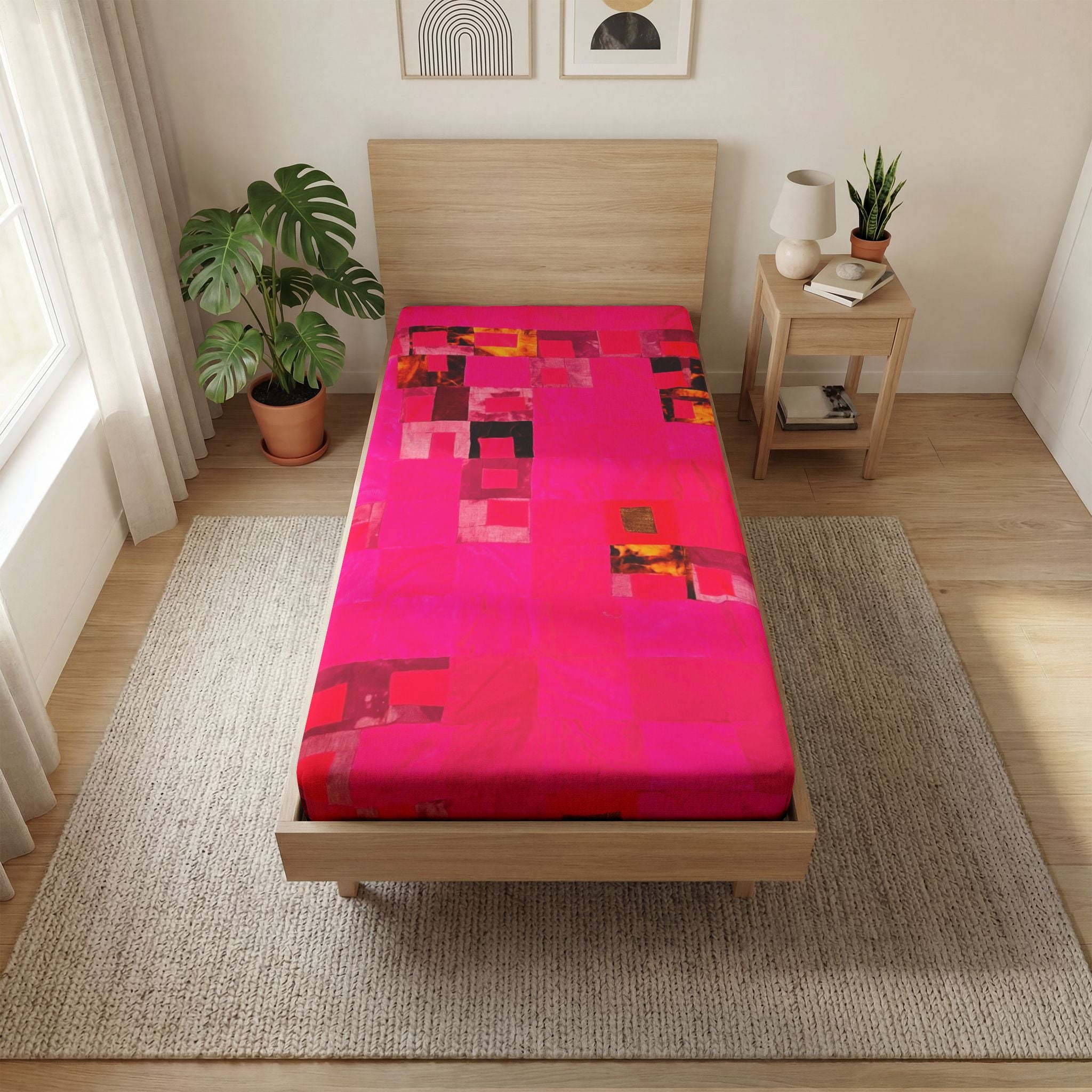 "Lela Lela" Bright Pink Abstract Fitted Sheet — Modern Geometric All‑Over Print