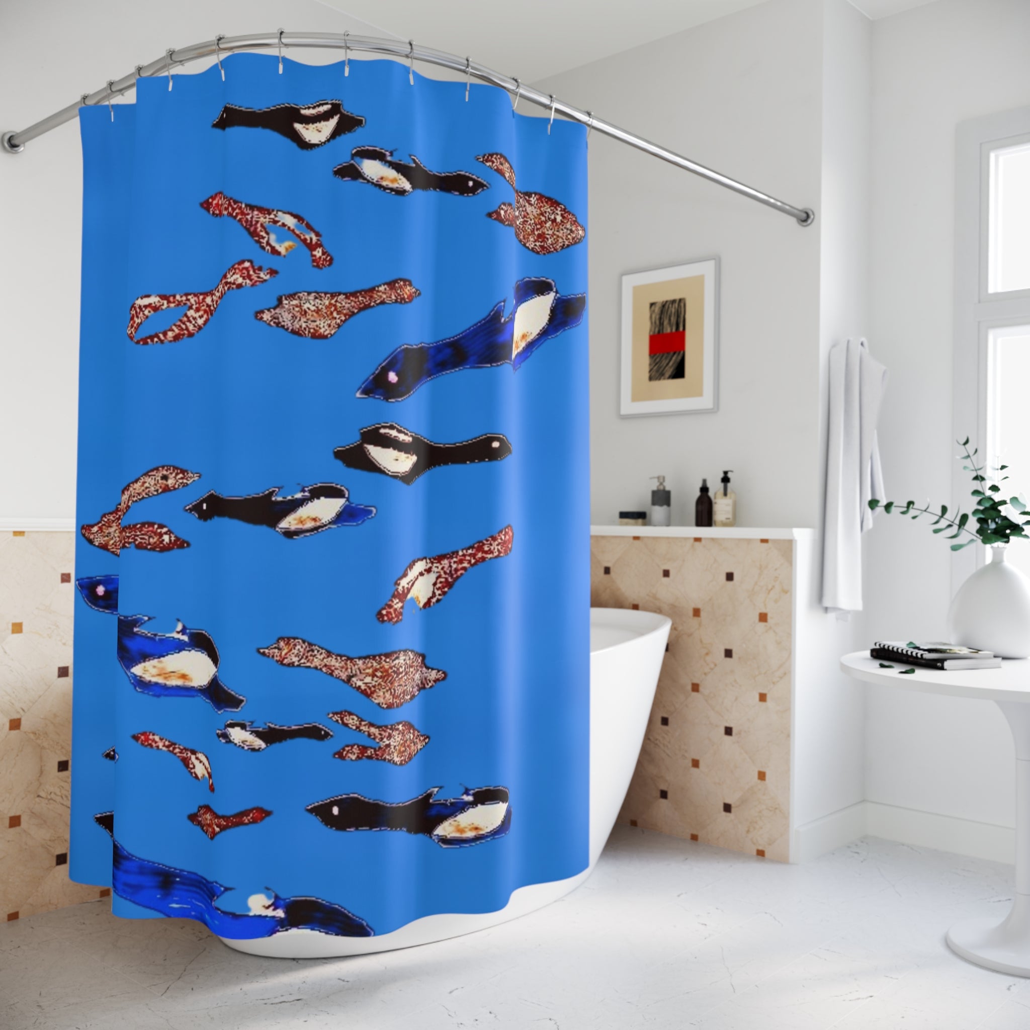 "Fly Me to the Moon" Ocean Penguin Shower Curtain - Blue School of Penguins Bathroom Decor