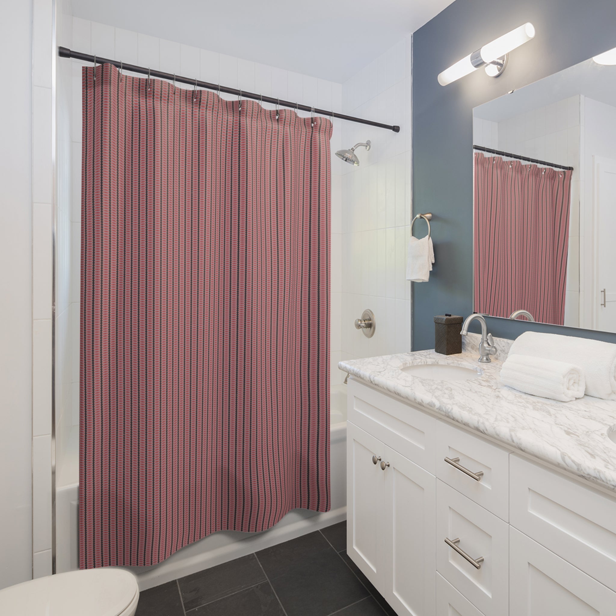"Nike of Samothrace" Geometric Coral Stripe Shower Curtain — Modern Retro Pattern for Bath Decor
