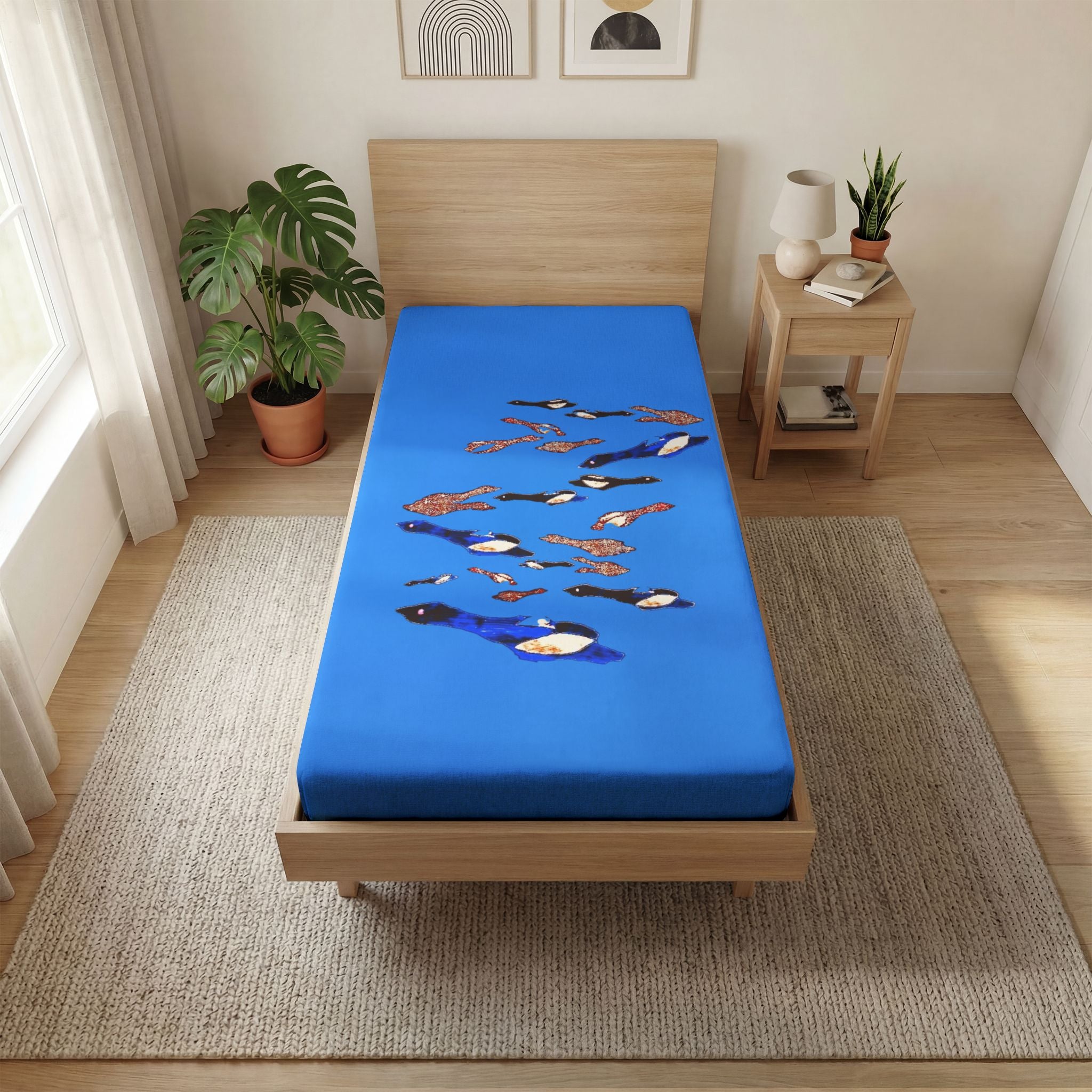 "Fly Me to the Moon" Bird Parade Fitted Sheet — Blue All-Over Print for Kids' Bedrooms