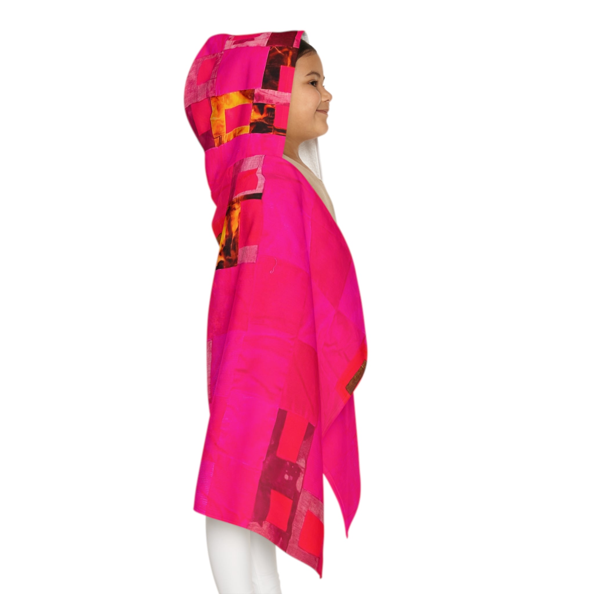 "Lela Lela" Kids Hooded Beach Towel – Bright Pink Geometric Patchwork