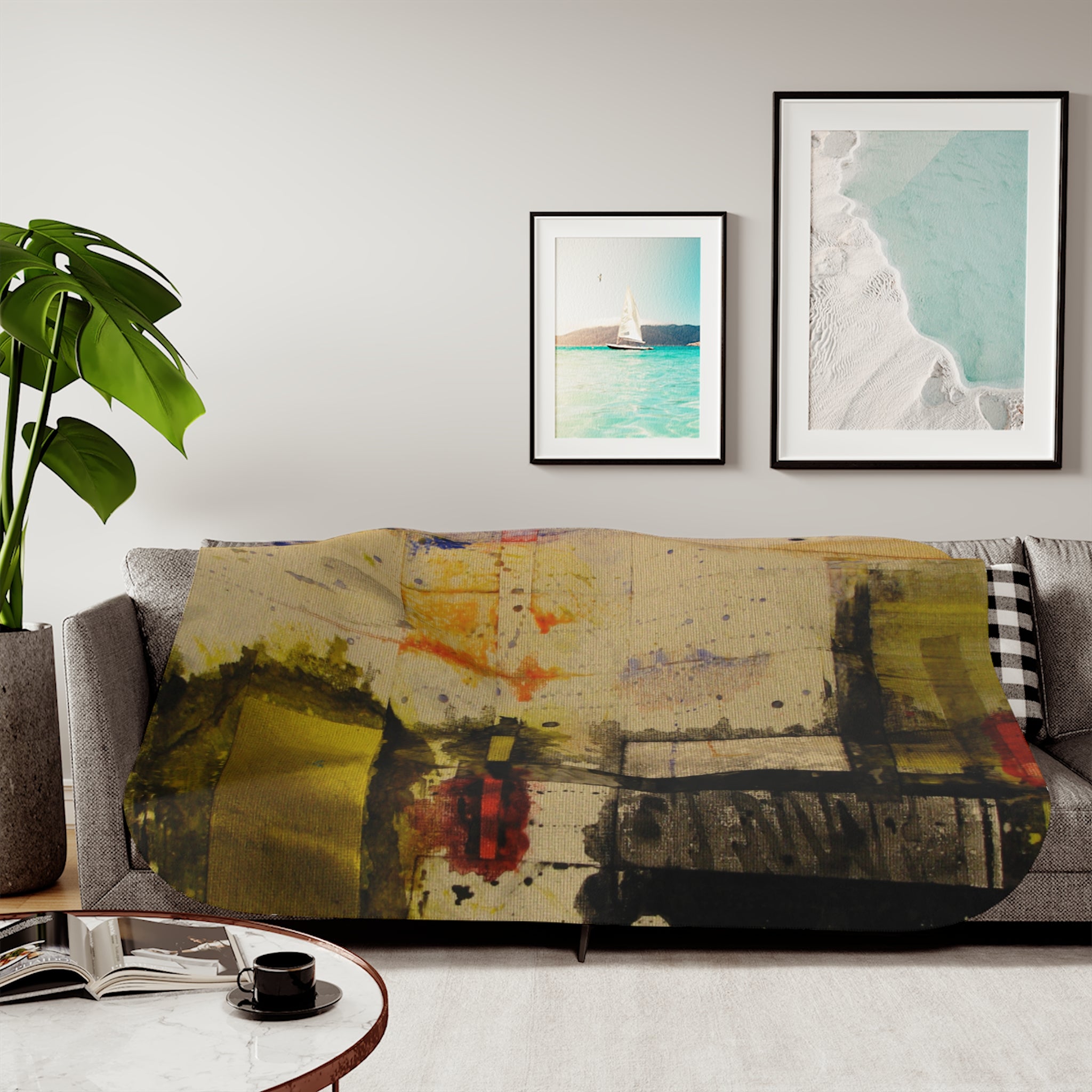 "Dance in the Rain" Cozy Watercolor Painting Café Sherpa Blanket — Warm Throw with Retro Coffee Shop Art