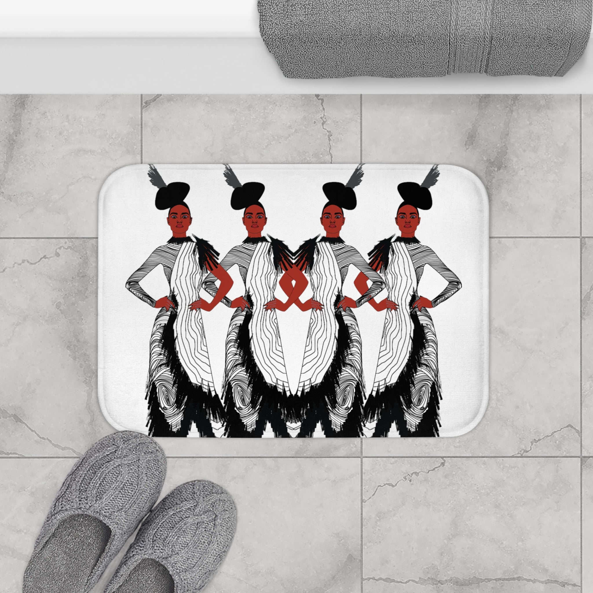 "Fierce Honey" Art Deco Fashion Bath Mat — Triple Silhouette Black & White Statement