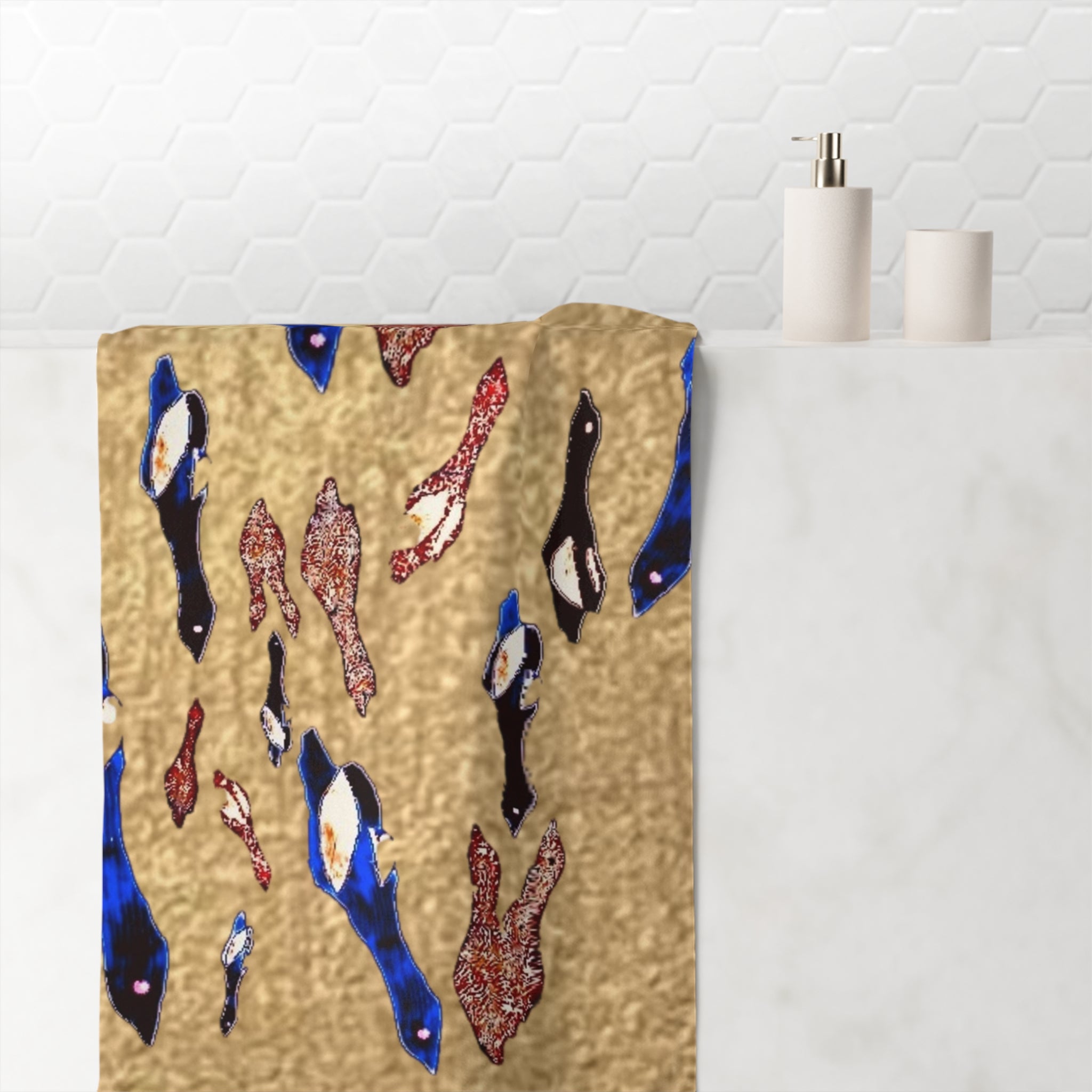 "Fly Me to the Moon" Plush Beach Towel — Abstract Tapestry Bird Print on Gold