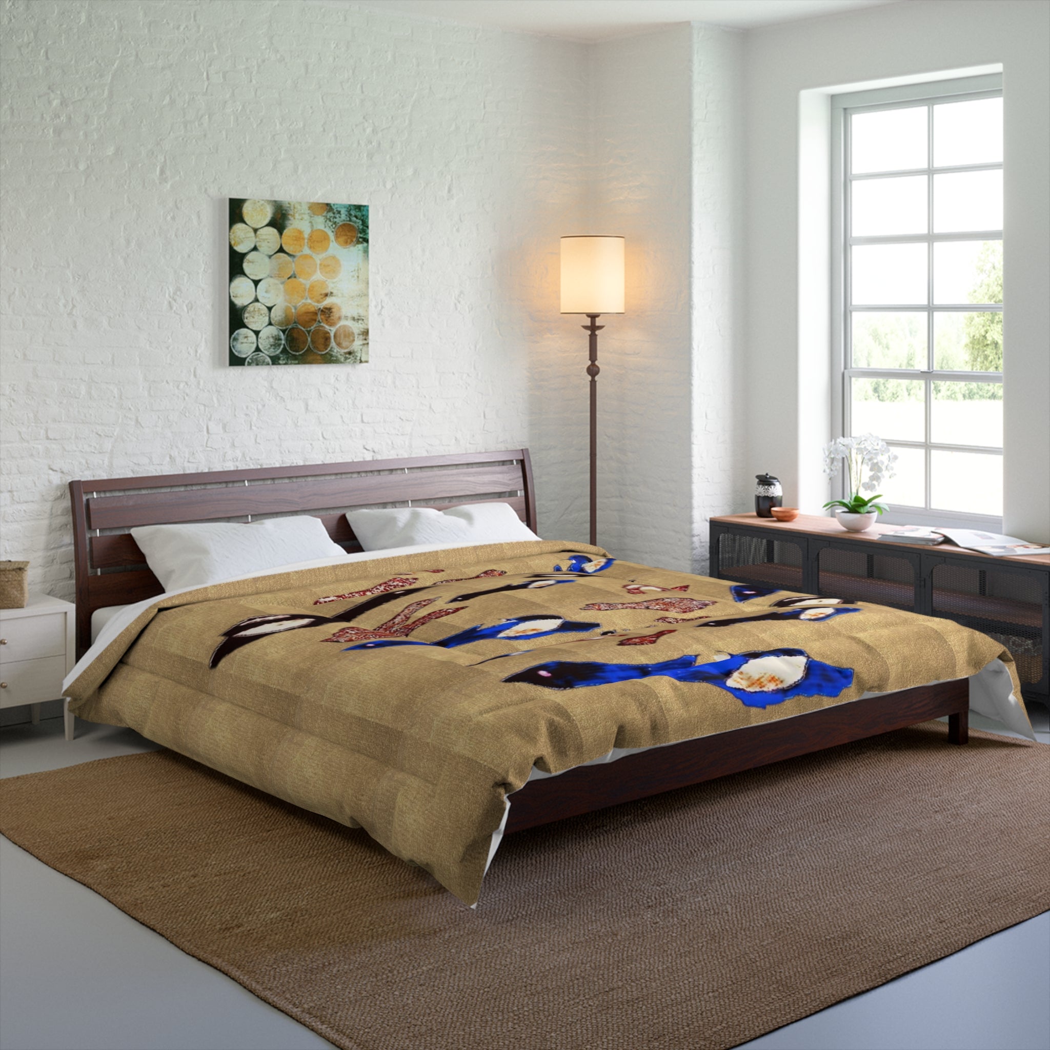 "Fly Me to the Moon" Bird Comforter – Beige Asian-Inspired Bedspread with Blue & Red Carp Pattern