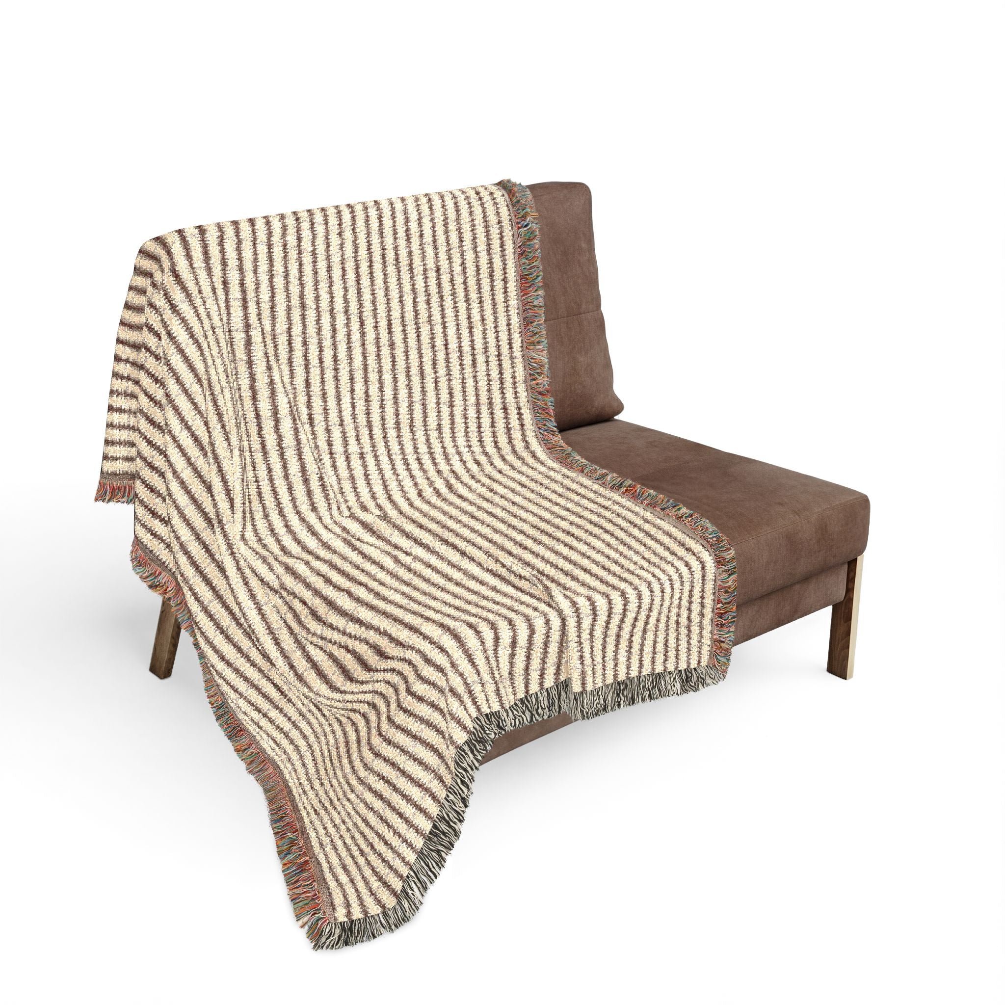 "Mississippi Morning" Brown and Beige Striped Textile Woven Blanket — Cozy Neutral Throw with Fringe (Indoor/Outdoor)