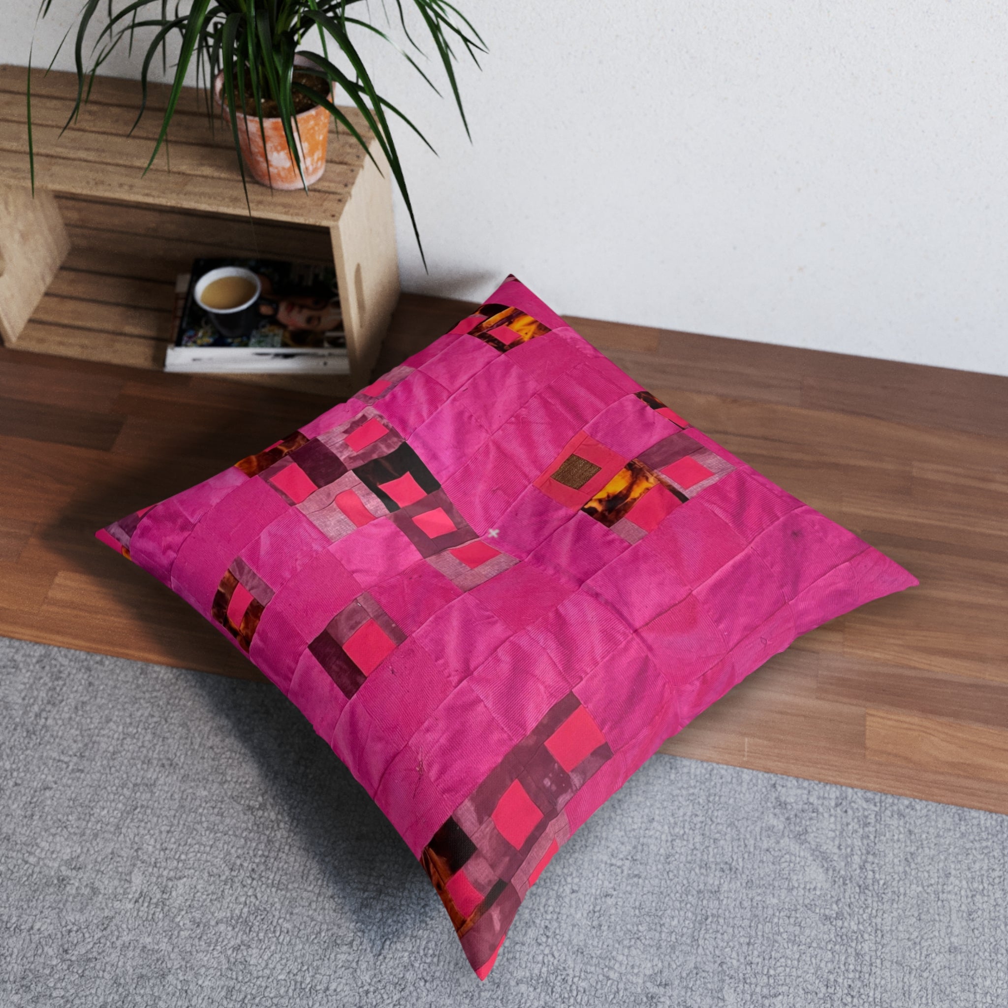 "Lela" Square Tufted Floor Pillow — Vibrant Pink Patchwork Accent Cushion