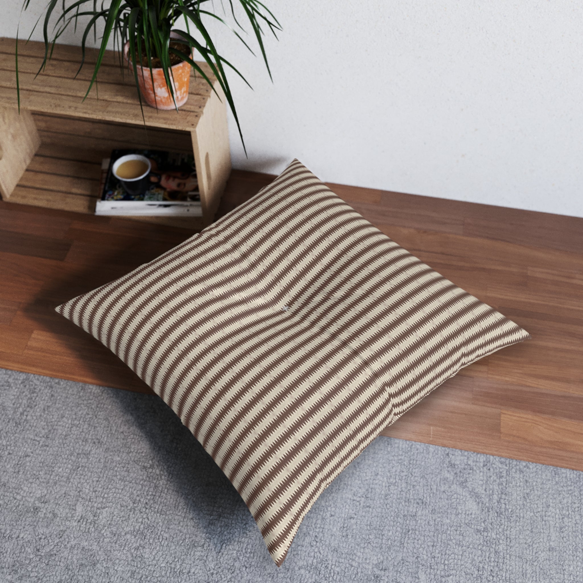 "Mississippi Morning" Striped Tufted Floor Pillow — Neutral Boho Square Cushion