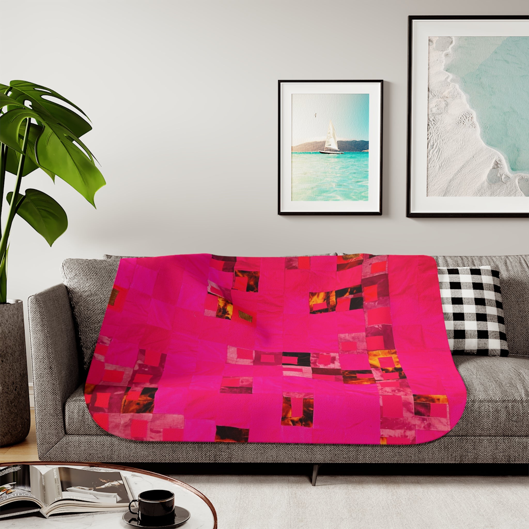 "Lela Lela" Hot Pink Abstract Patchwork Sherpa Blanket - Cozy Throw for Living Room & Gifts