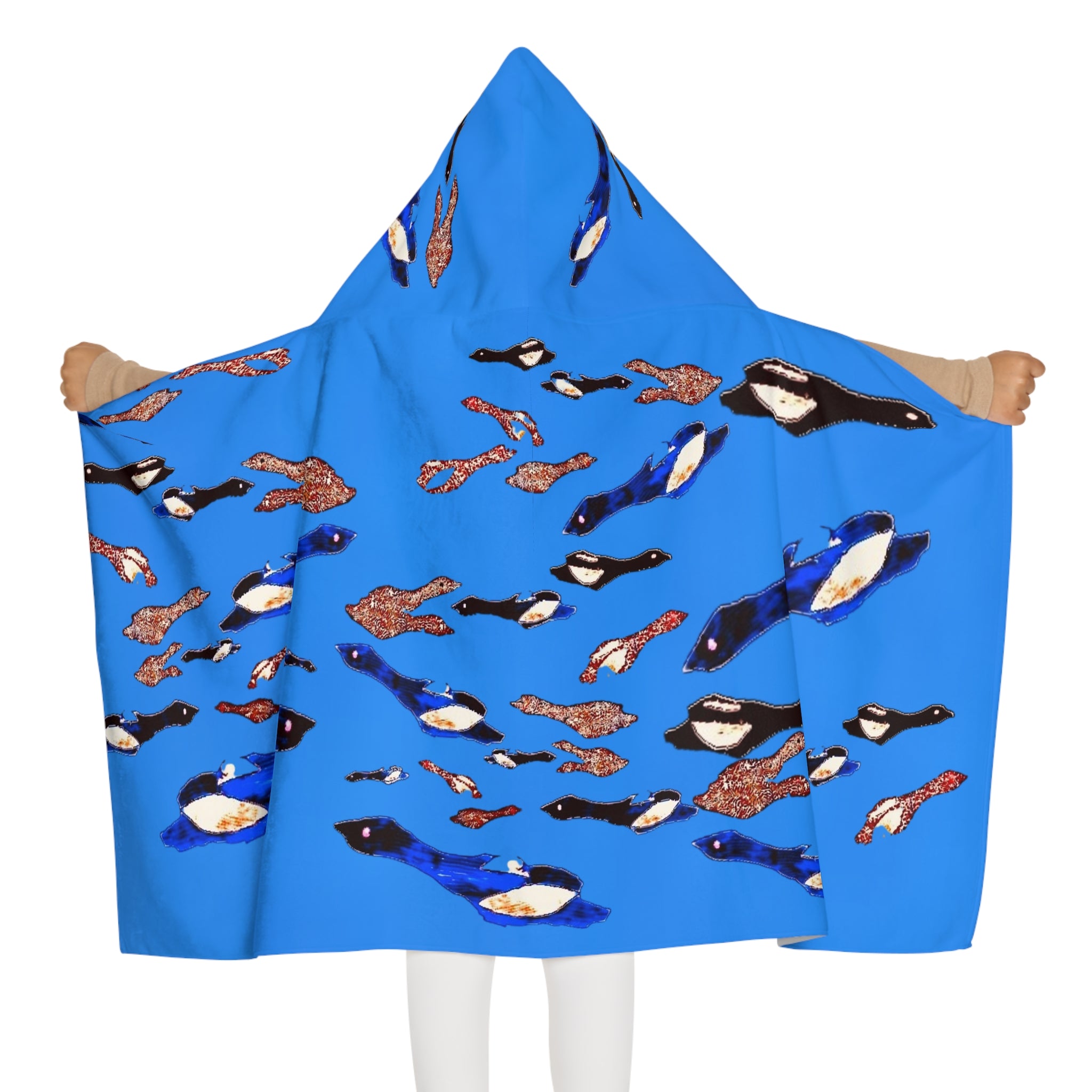 "Fly Me to the Moon" Youth Hooded Towel — Blue and Brown Birds Flying in Cerulean Skies Poncho for Kids
