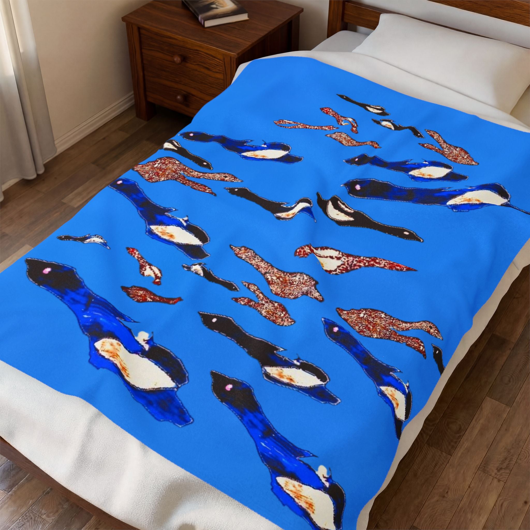 "Fly Me to the Moon" Cerulean Birdies - Flock Plush Blanket —  Velveteen Throw