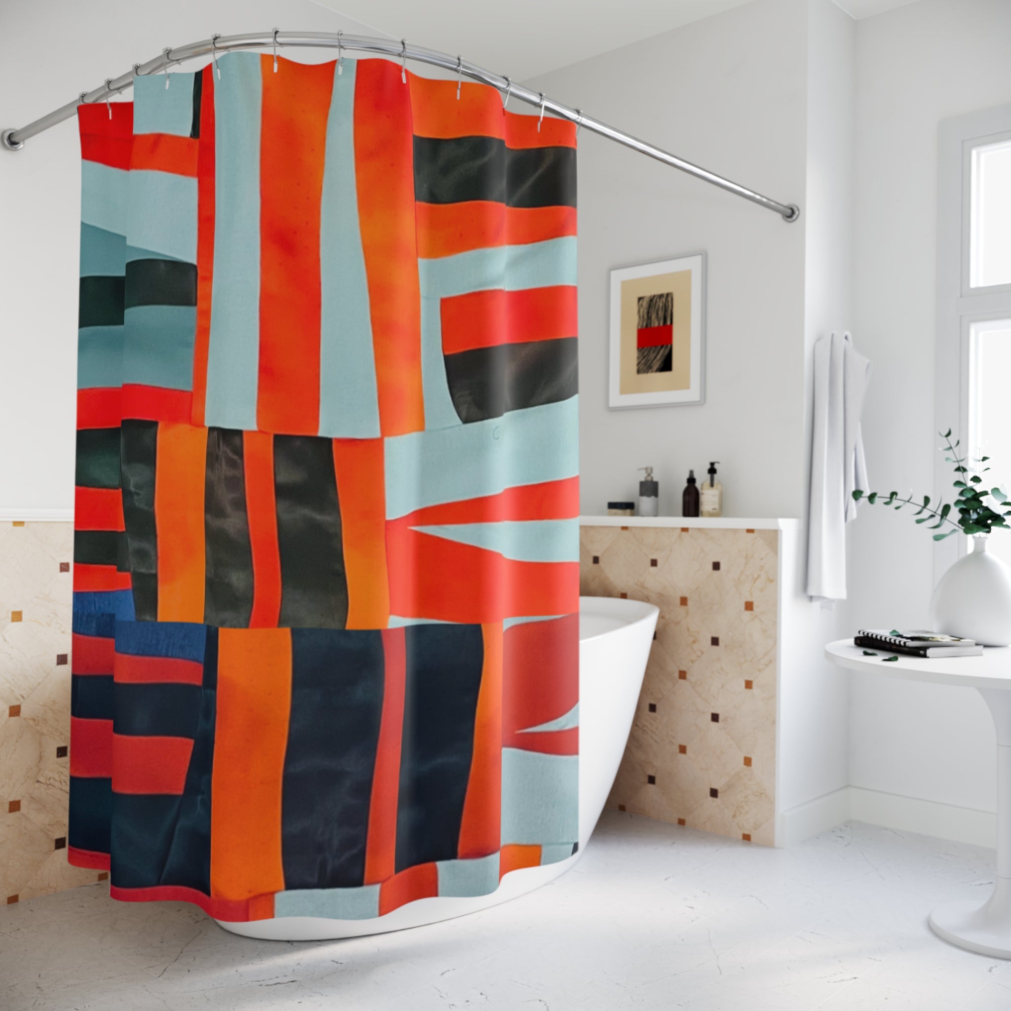 “Samuel” Abstract Geometric Shower Curtain — Bold Red & Teal Modern Bathroom Decor