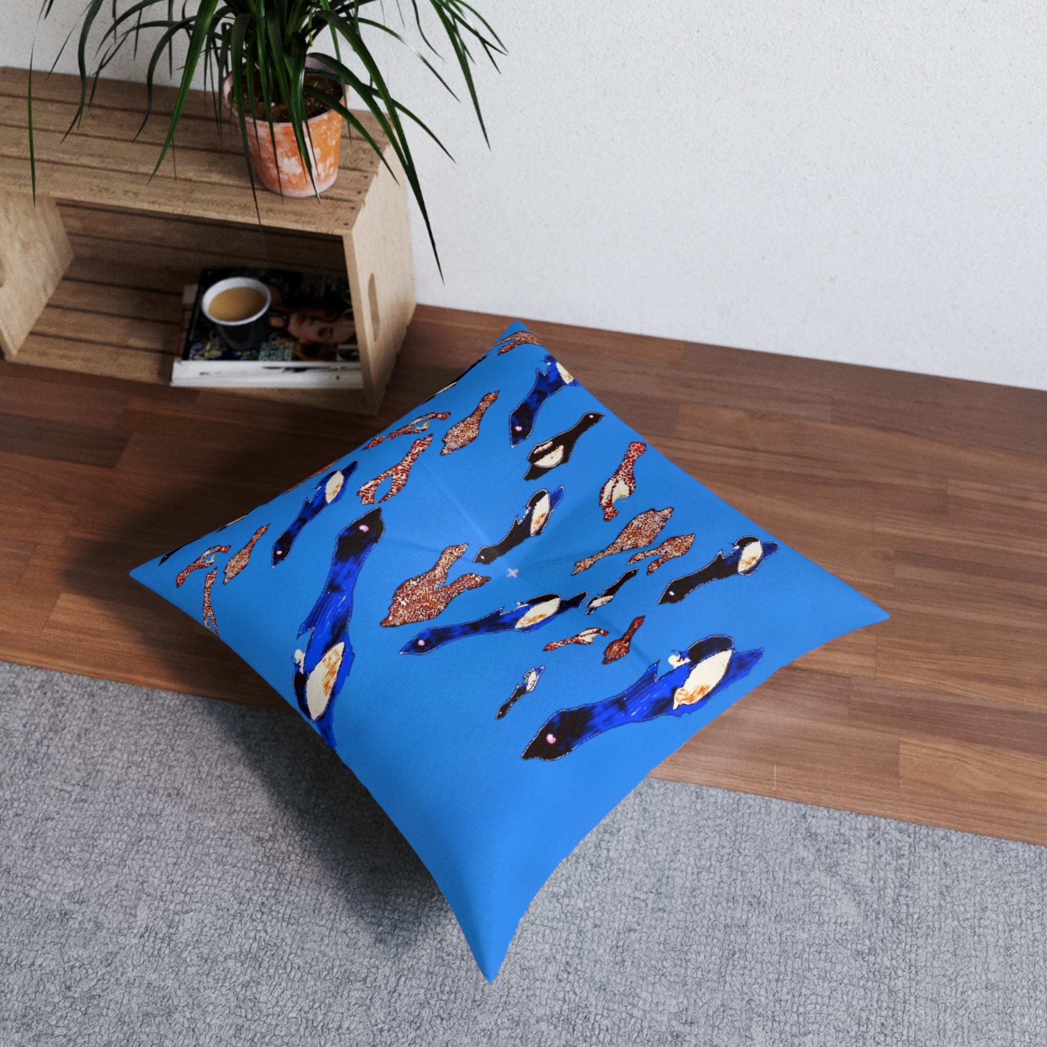 "Fly Me to the Moon" Blue Cerulean Birdies Square Floor Pillow — Tufted Decorative Cushion