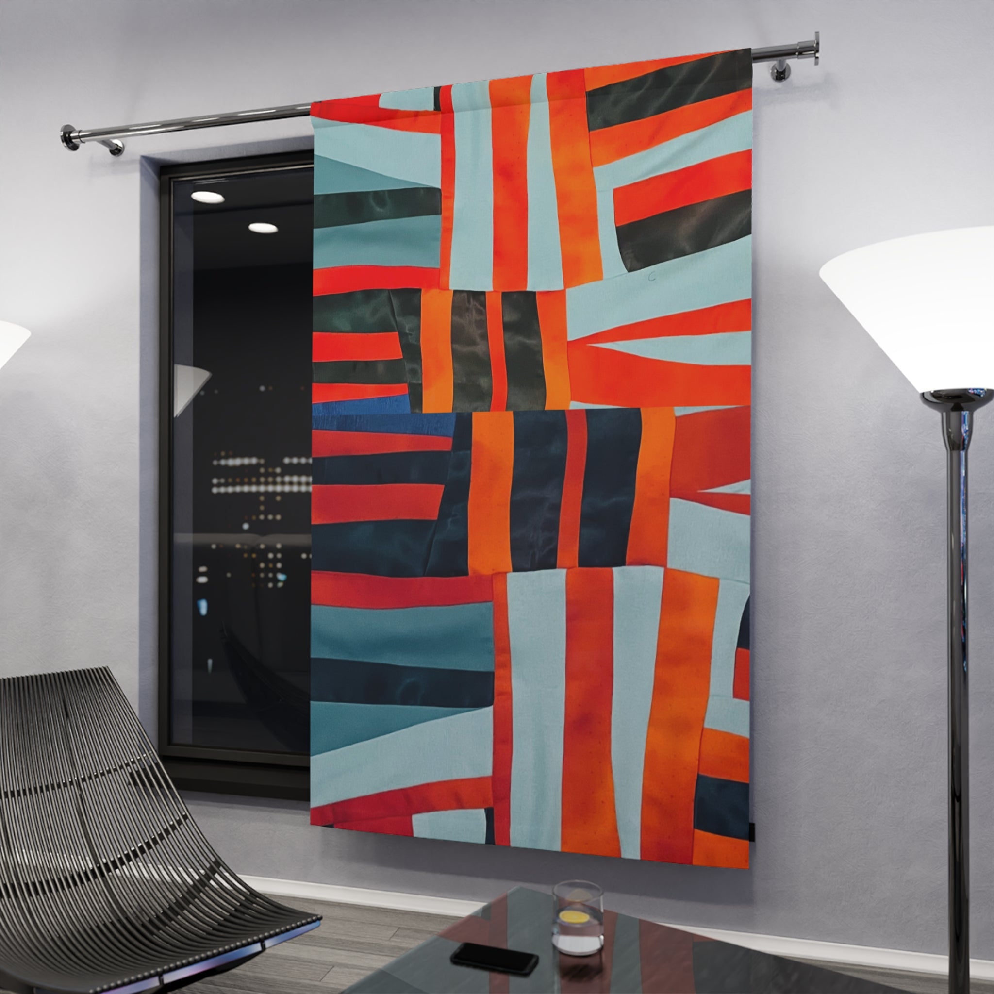 "Samuel" Blue and Orange Abstract Geometric Window Curtain — Bold Red & Teal Modern Panel