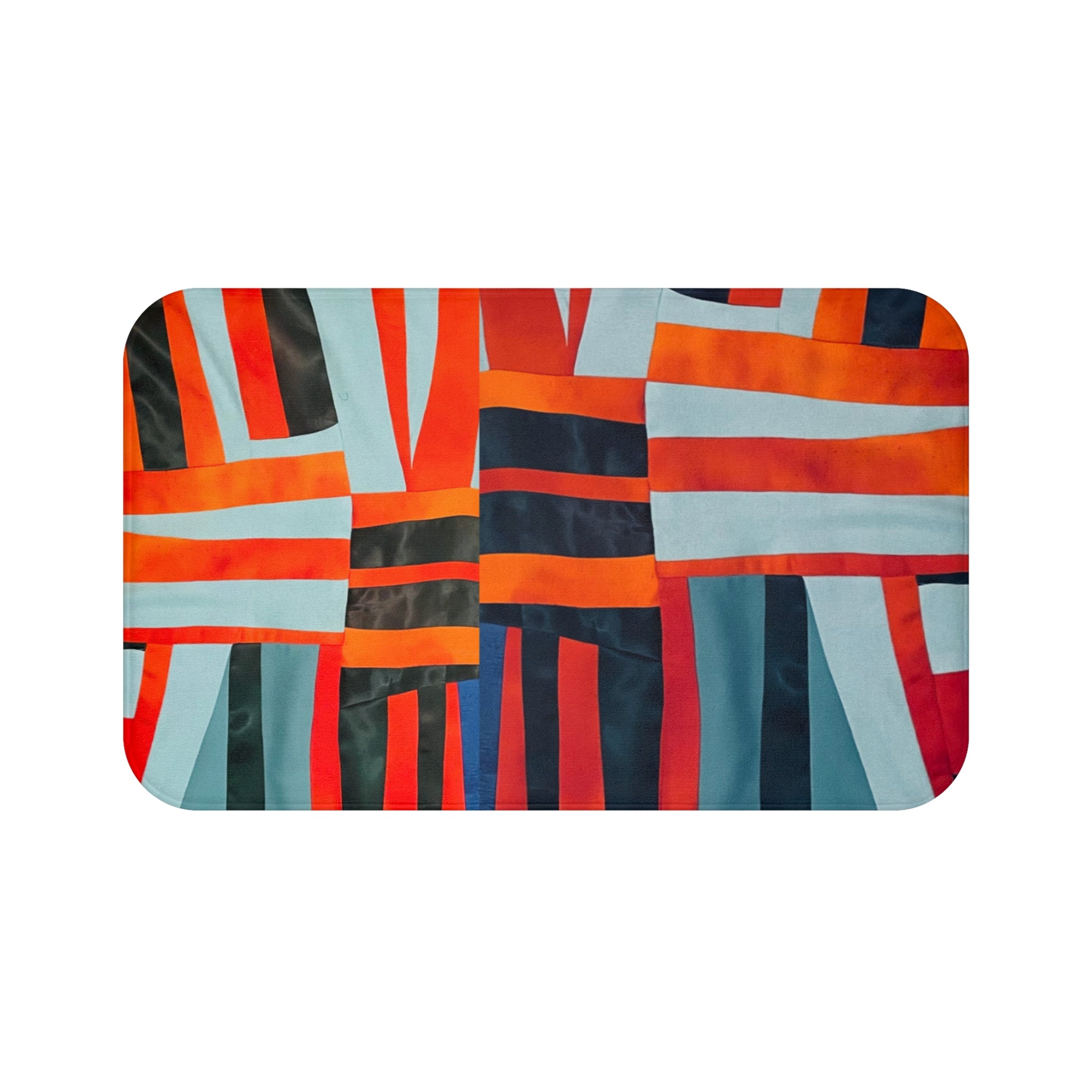 "Samuel" Modern Geometric Bath Mat — Blue, Red & Orange Stripe Abstract Design