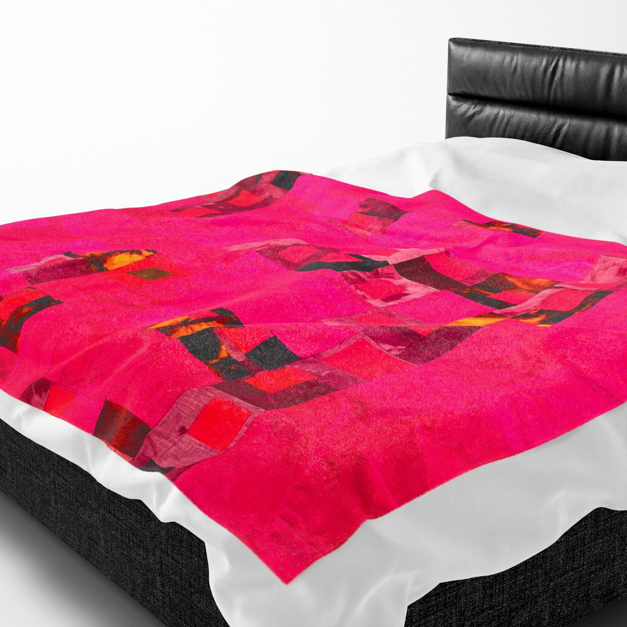 "Lela Lela" Block Quilt Pattern Plush Blanket - Vibrant Pink Abstract Patchwork Velveteen Throw