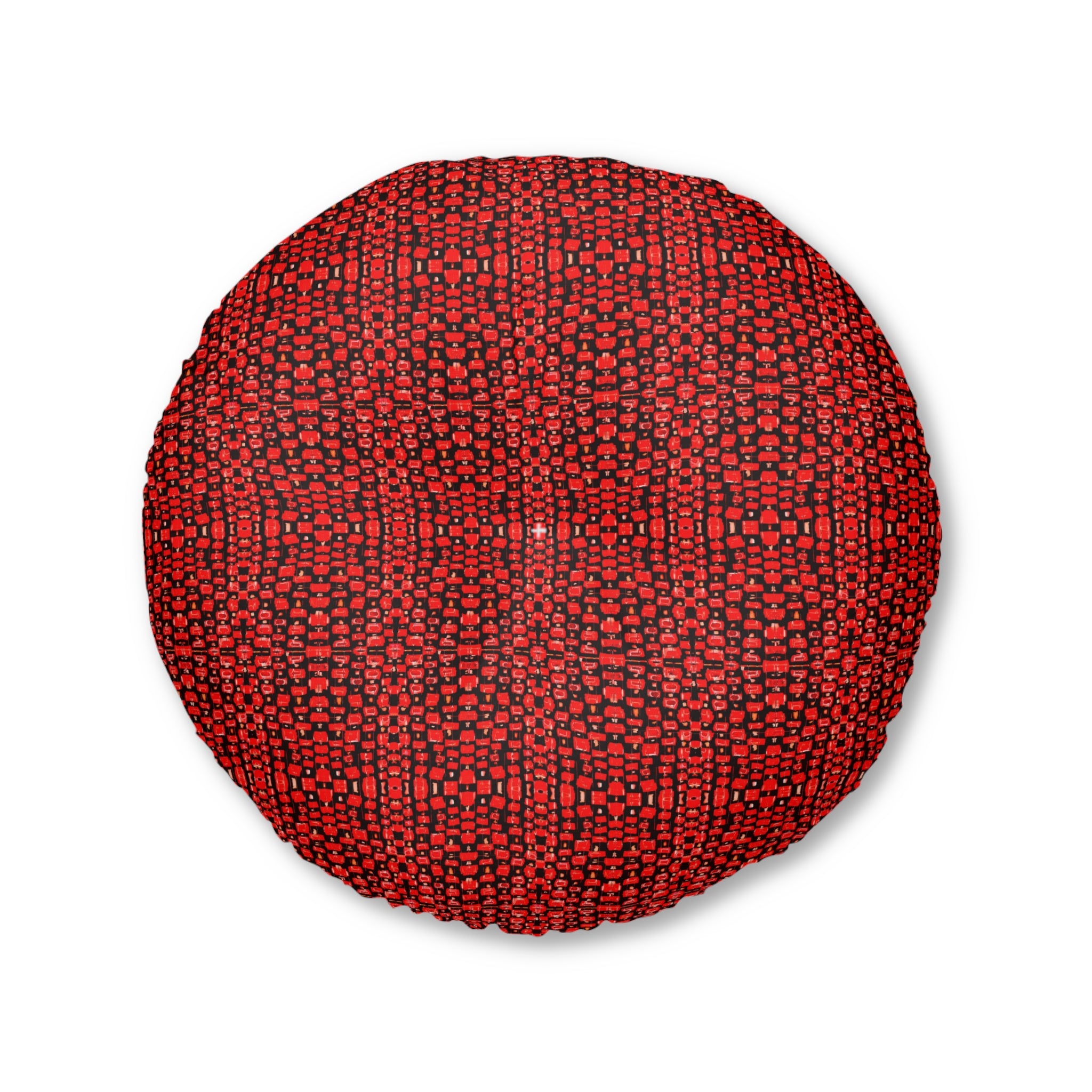 "Japanese Cherry Blossom" Red Woven Round Tufted Floor Pillow — Cozy Boho Accent Cushion