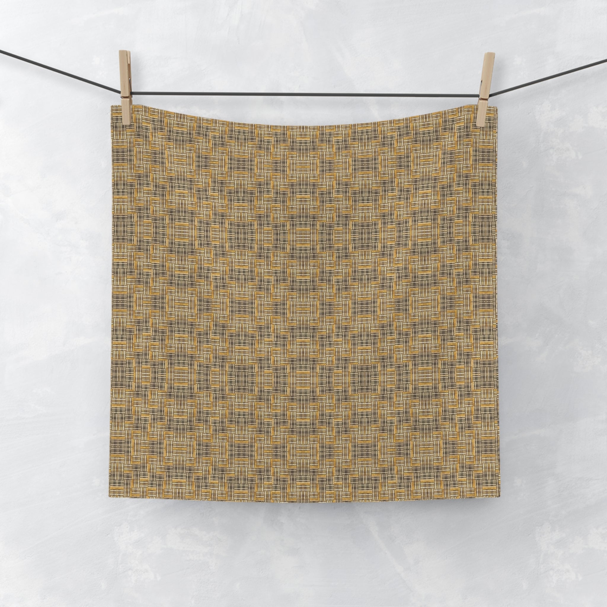 "All Things Fall Apart" Woven Plaid Face Towel – Rustic Tan Grid Cotton Washcloth