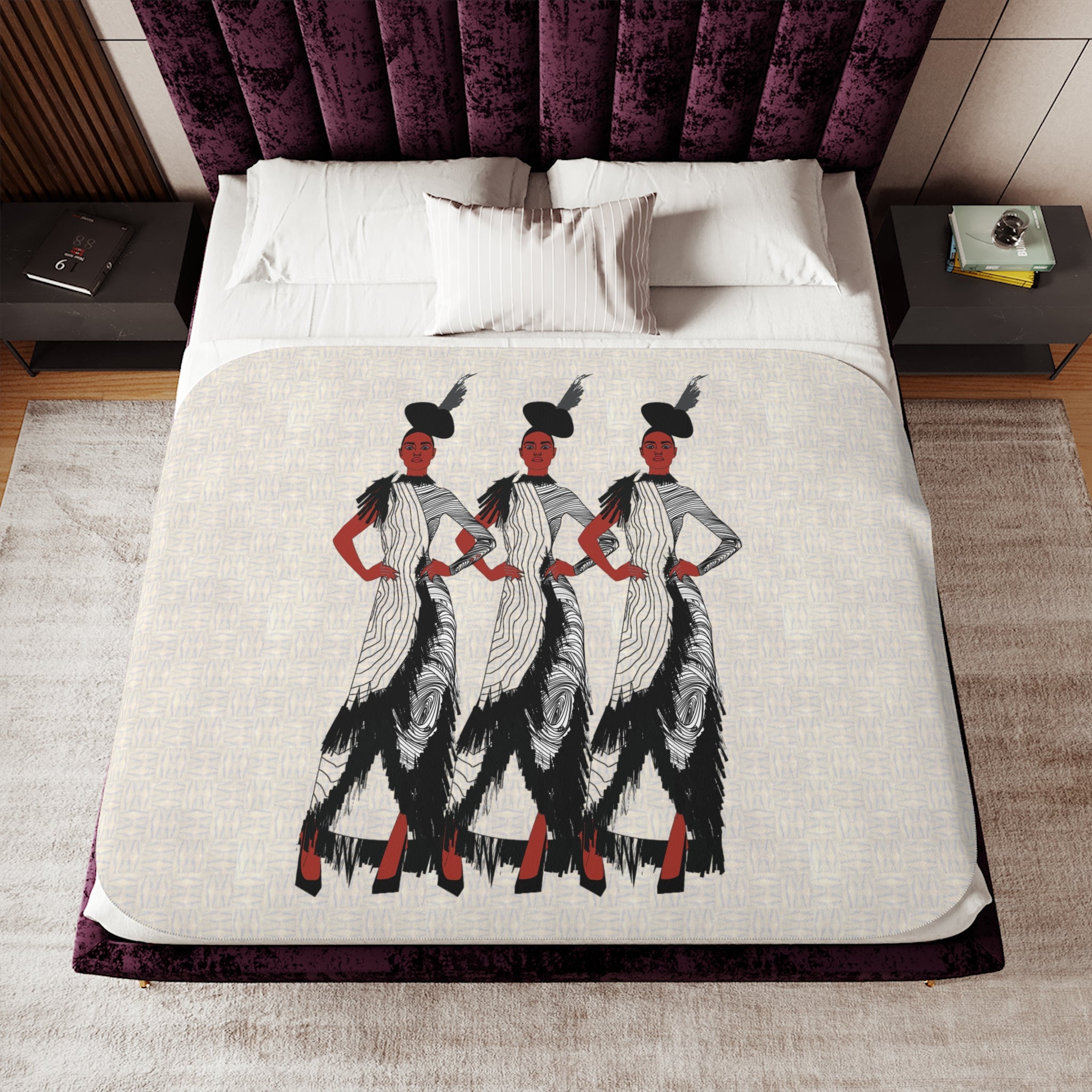 "Fierce Honey" Art Deco Trio Sherpa Blanket — Retro Fashion Illustration Throw