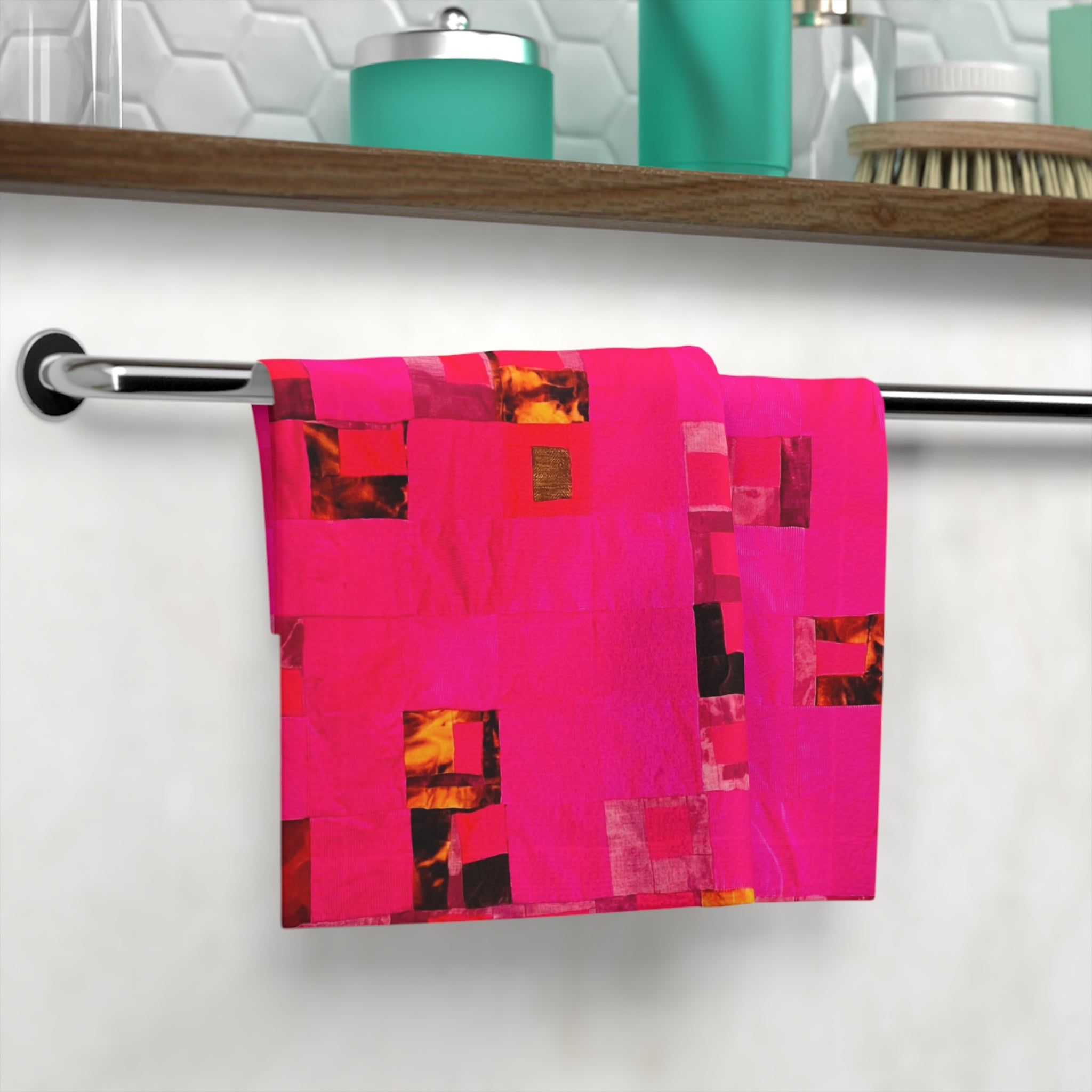 "Lela Lela Lela" Pink Mosaic Face Towel — Vibrant Abstract Square Pattern