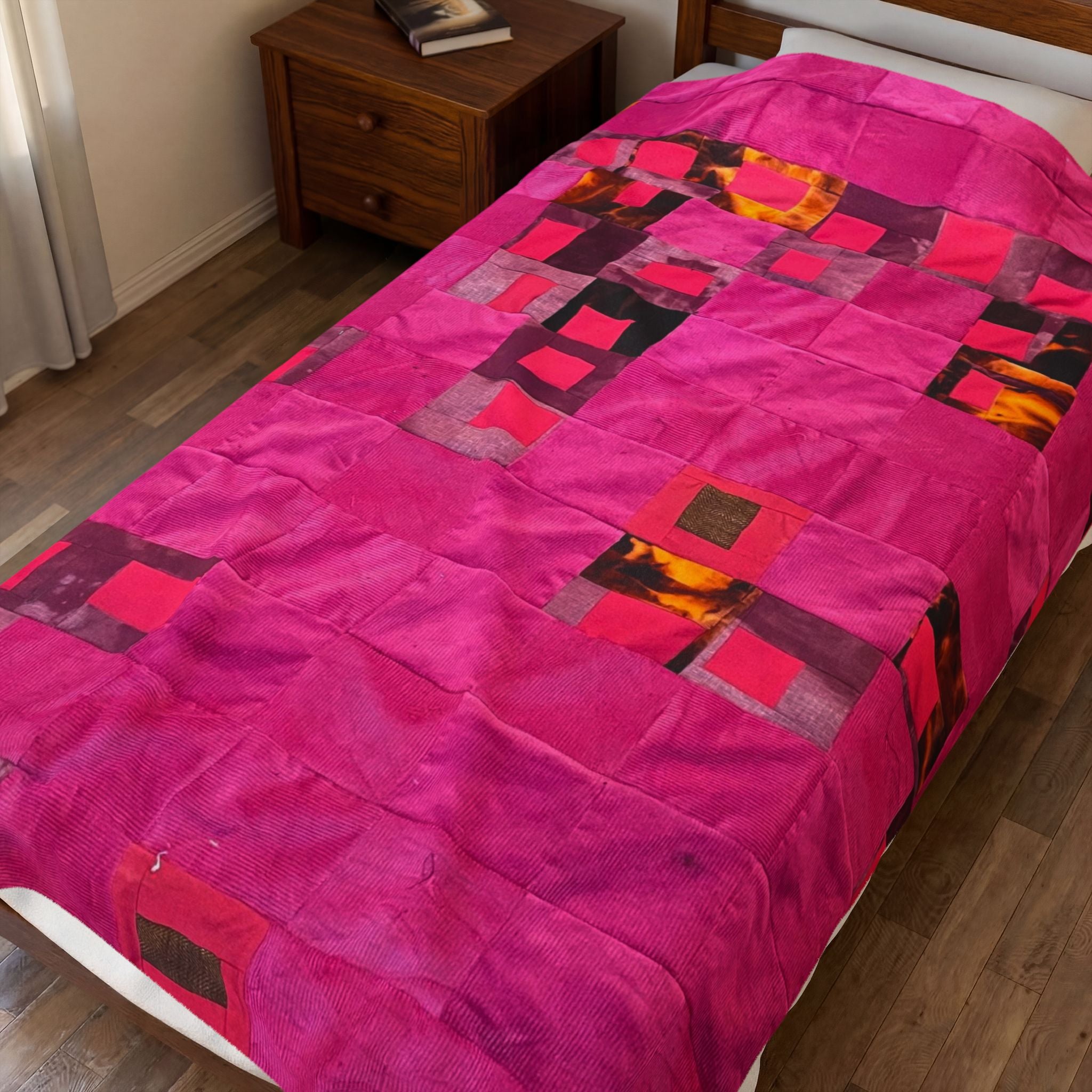 "Lela" Pink Patchwork Velveteen Plush Blanket – Soft Cozy Throw for Living Room, Bedroom & Gifts
