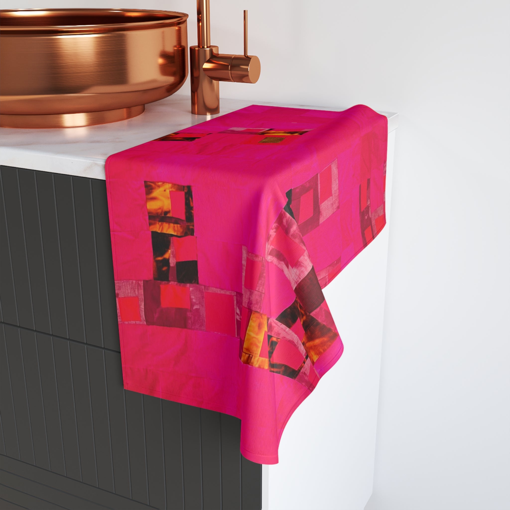 "Lela" Hot Pink Mosaic Hand Towel — Vibrant Abstract Kitchen & Bath Accent