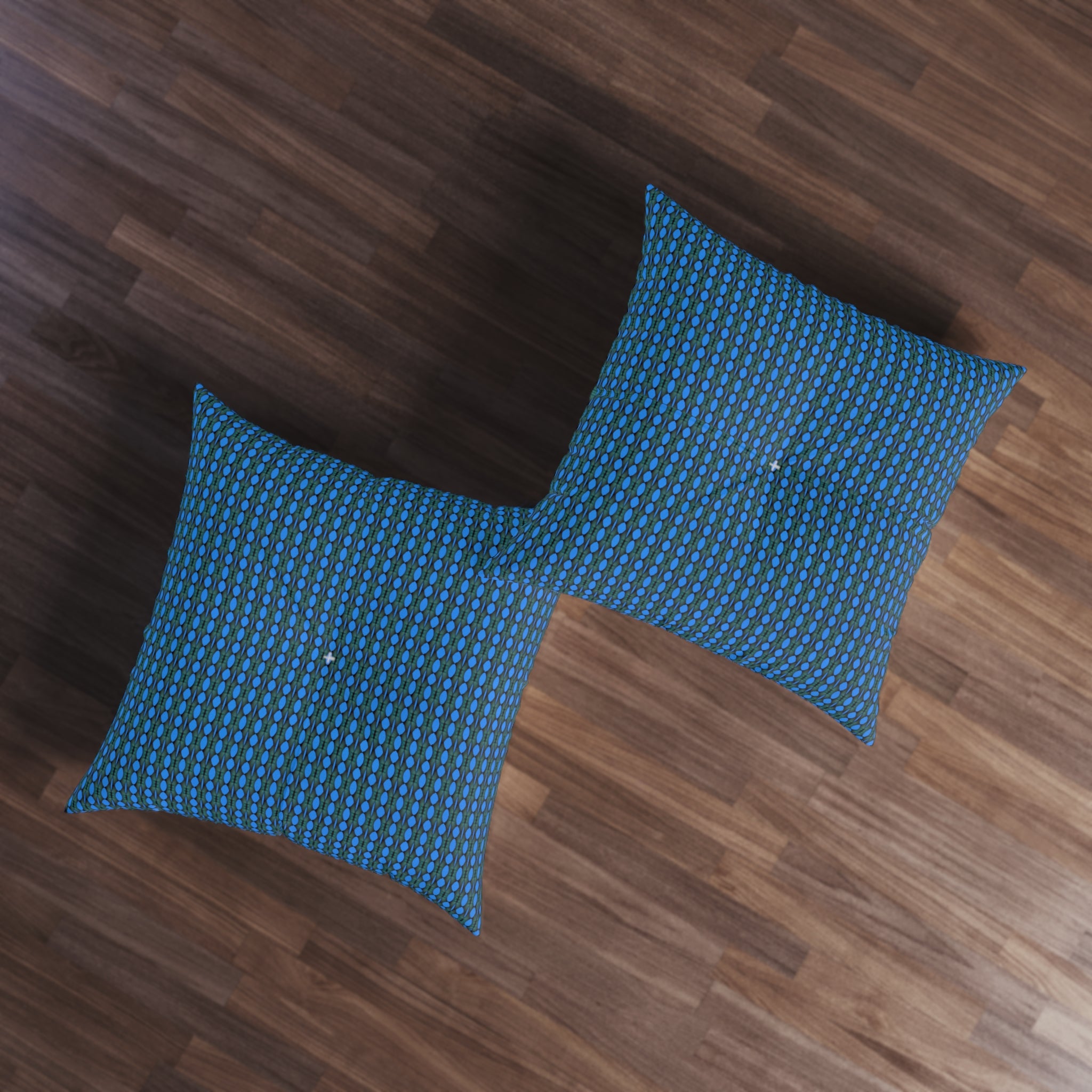 "Where Are We Going?" Blue Geometric Tufted Floor Pillow — Modern Square Accent Cushion