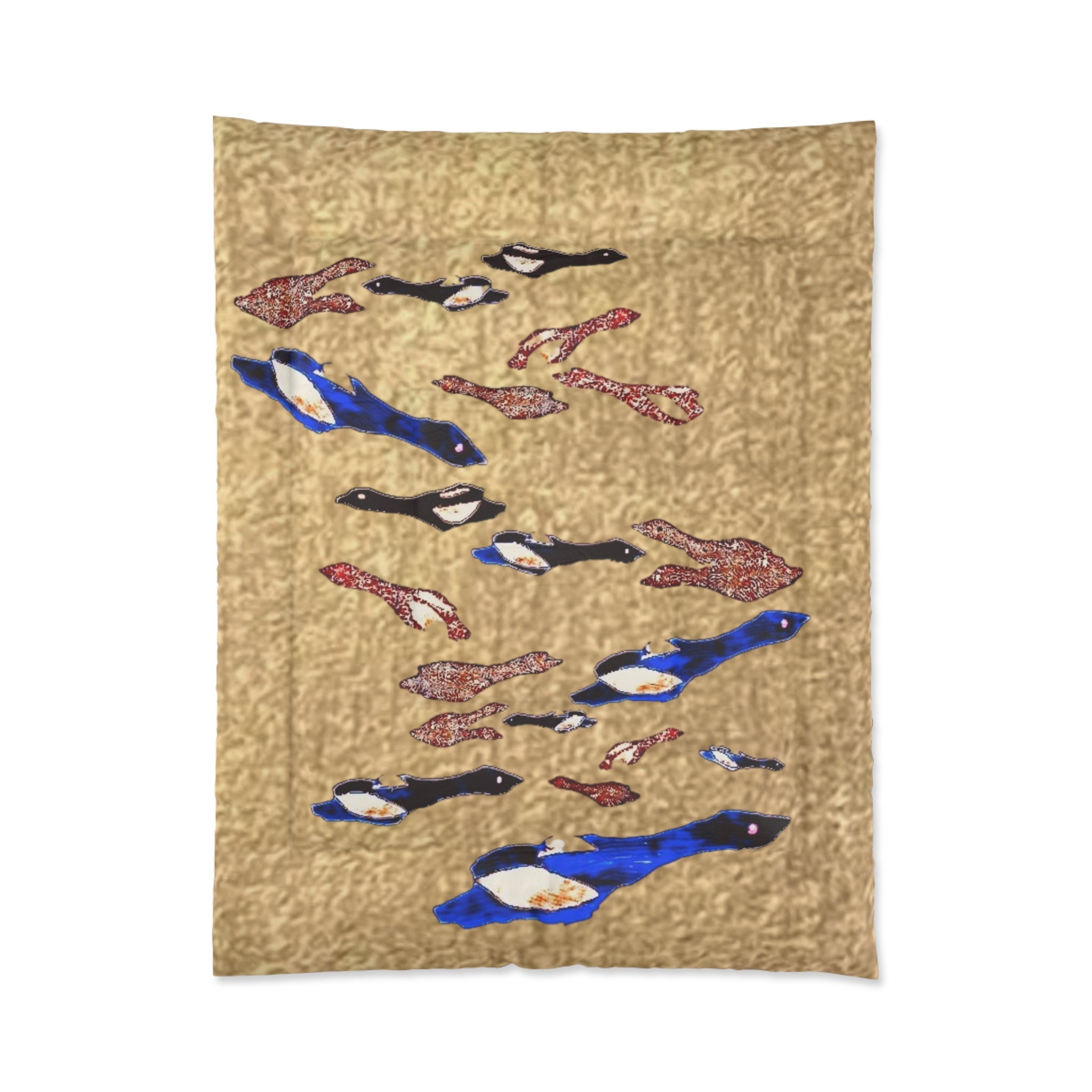 "Fly Me to the Moon" Bird Comforter – Beige Asian-Inspired Bedspread with Blue & Red Carp Pattern