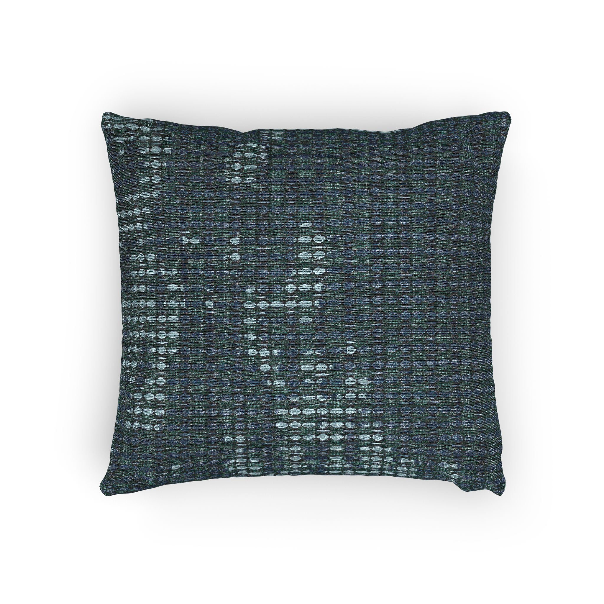 "Where Are We Going?" Woven Texture Throw Pillow — Teal Grid Boho Decorative Cushion