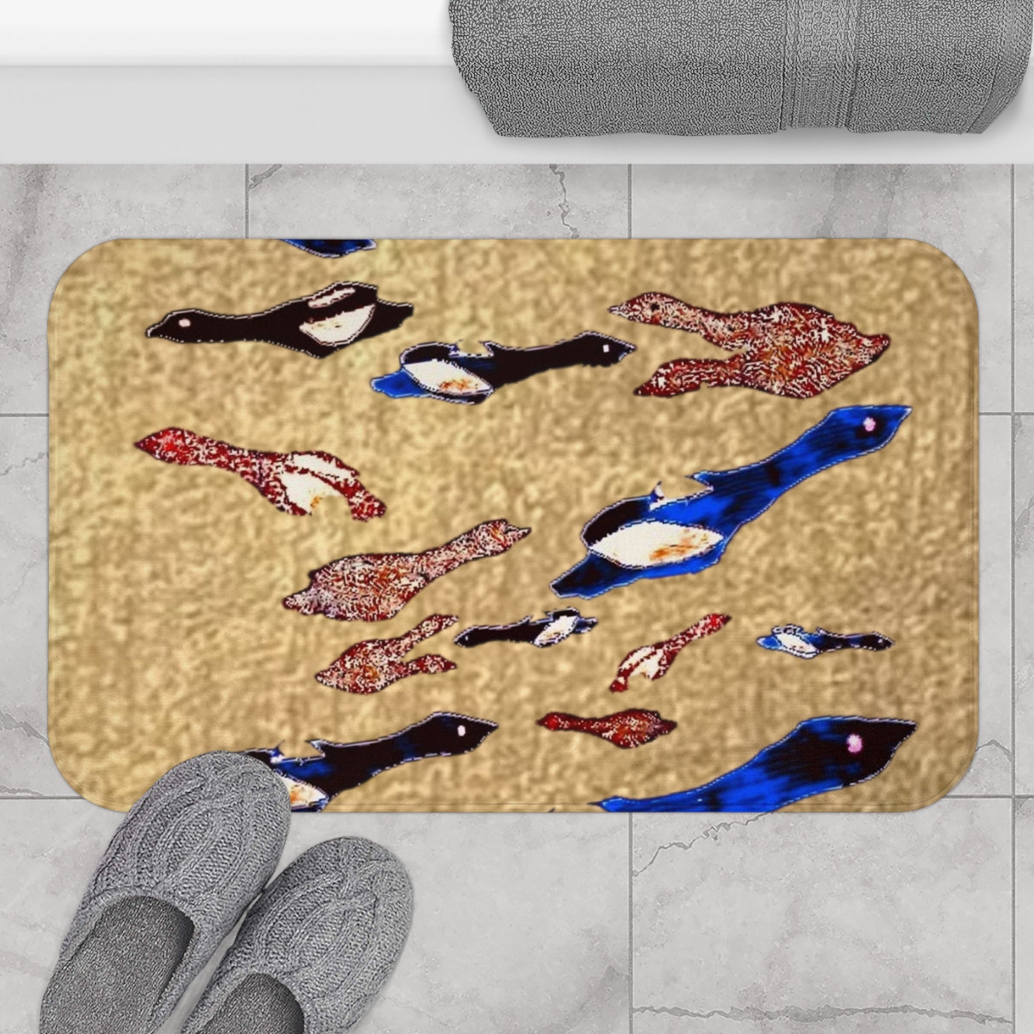 "Fly Me to the Moon" Gold Sky Blue Flock Bath Mat — Playful Coastal Bathroom Accent