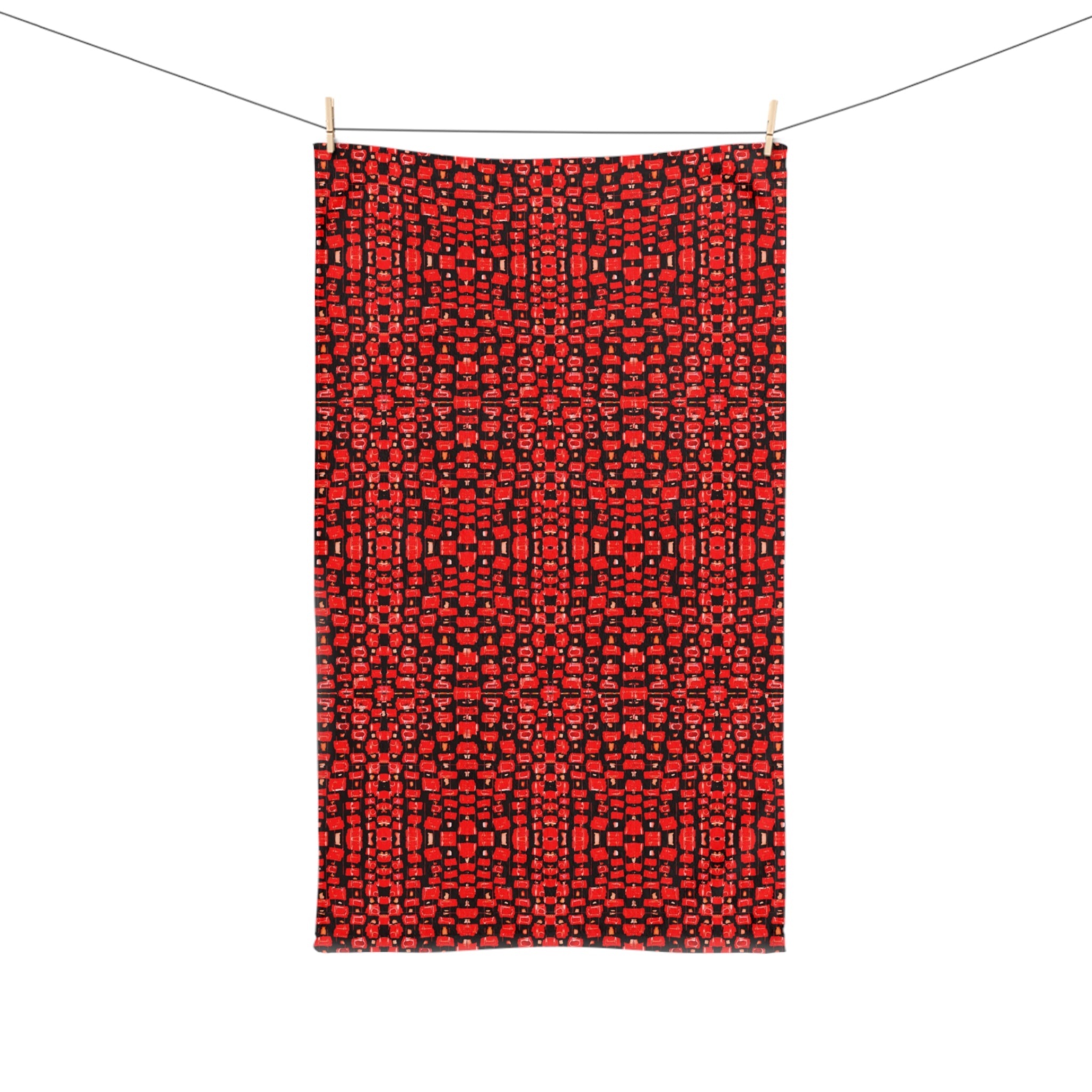 "Japanese Cherry Blossom" Red Geometric Pattern Hand Towel — Modern Decorative Kitchen & Bath Accent