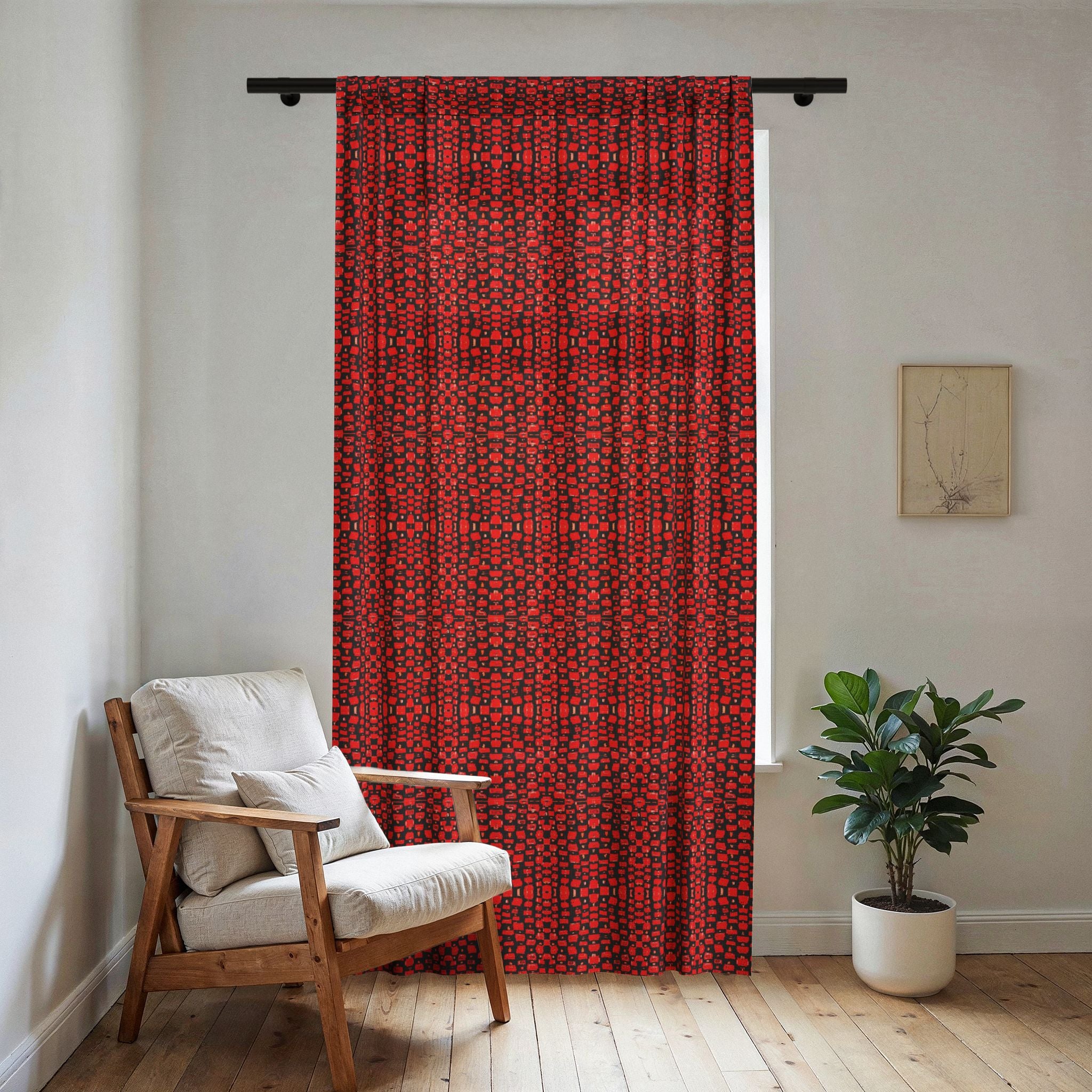 "Japanese Cherry Blossom" Red Mosaic Sheer Window Curtain — Geometric Pattern, Light-Filtering Drapery for Living Room & Bedroom