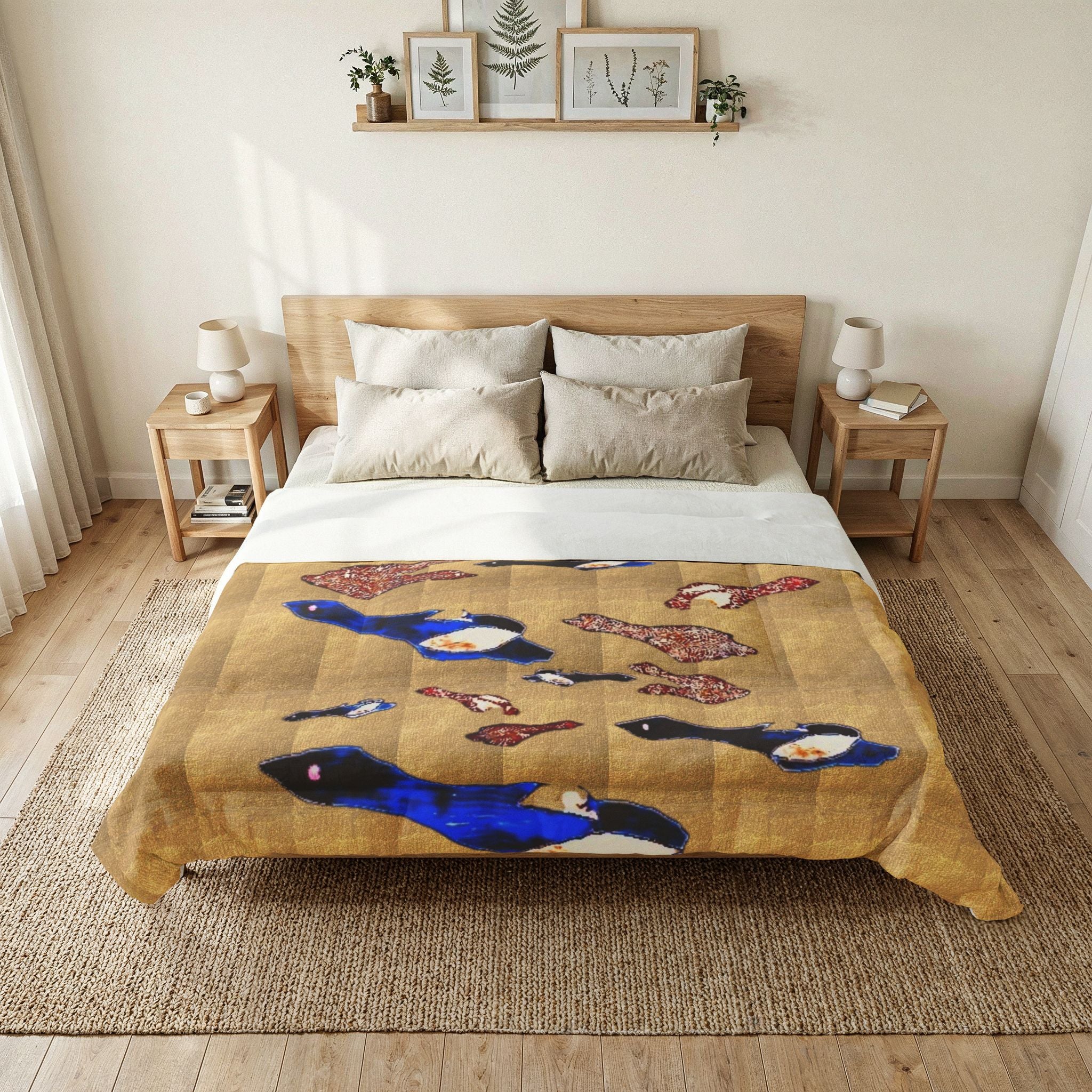 "Fly Me to the Moon" Bird Flock Cotton Comforter – Vintage Gold Blue Waterfowl Throw