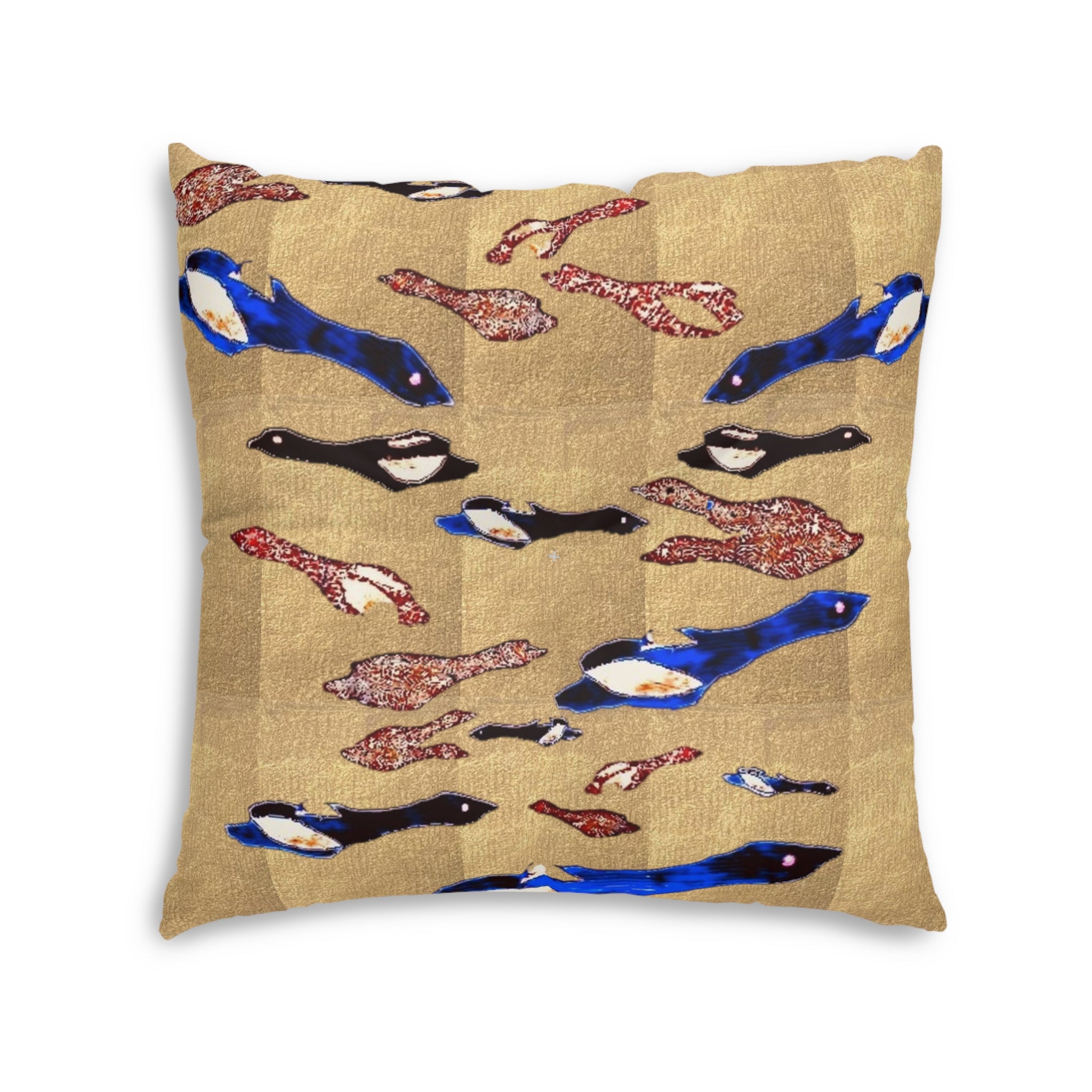 "Fly Me to the Moon" Bronze and Gold, Floor Pillow — Blue & Black Flying Birdies Pattern Tufted Square Cushion