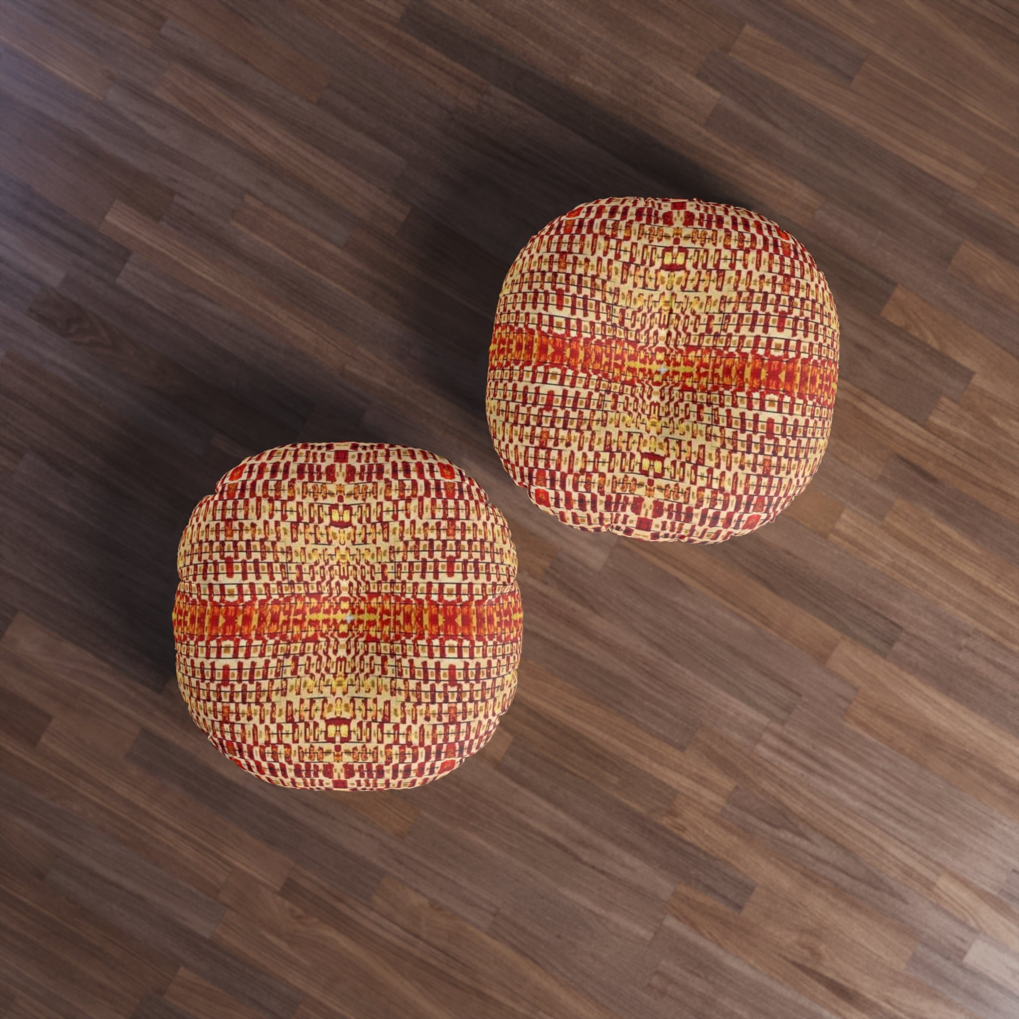 "Queen Mother" Boho Woven Round Tufted Floor Pillow — Rustic Orange Red Accent